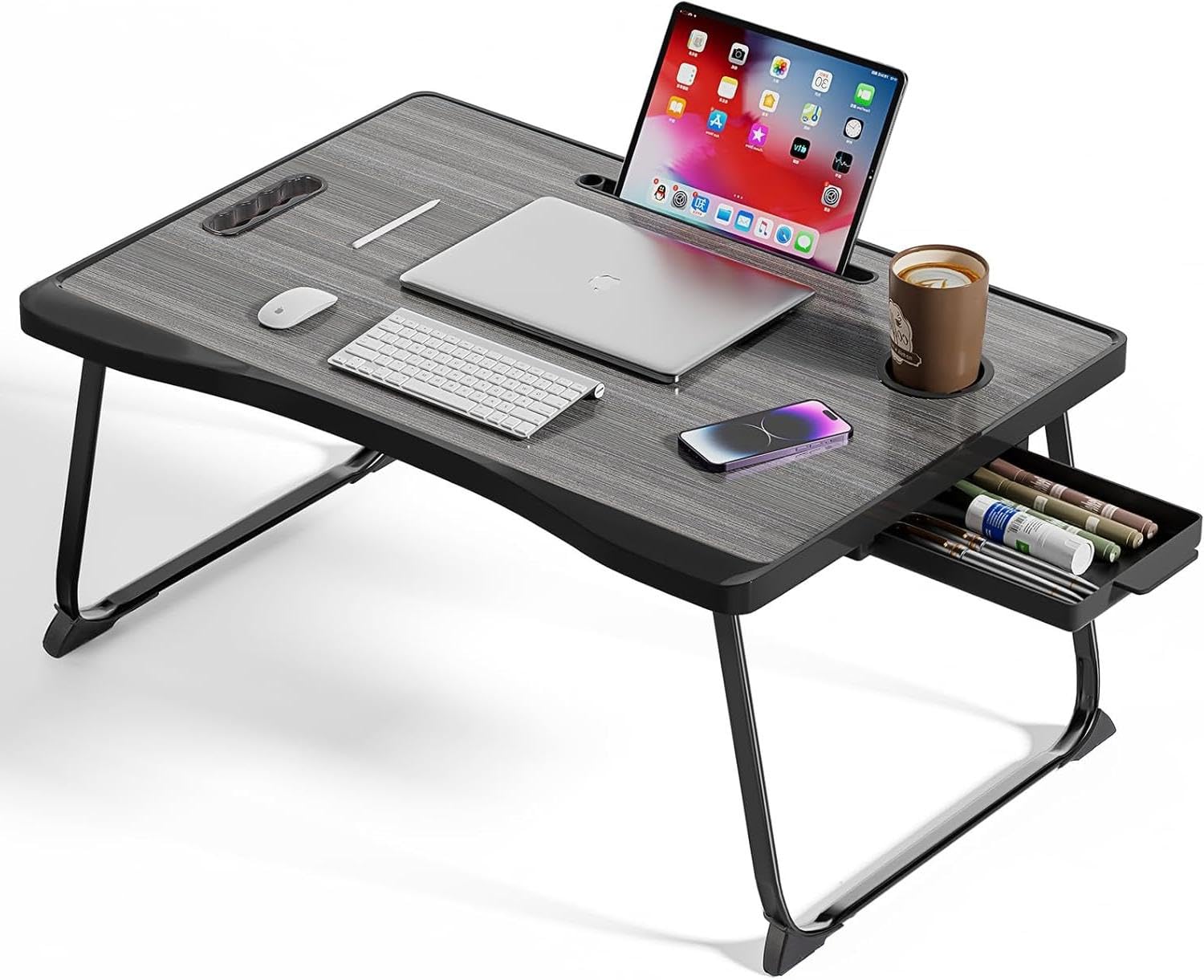 BTGGG Laptop Bed Table, Portable Lap Bed Desk with Handle, Foldable Computer Bed Table with Cup Slot & Side Drawer, Notebook Stand Breakfast Bed Tray for Bed, Sofa, Balcony,Carpet, Black
