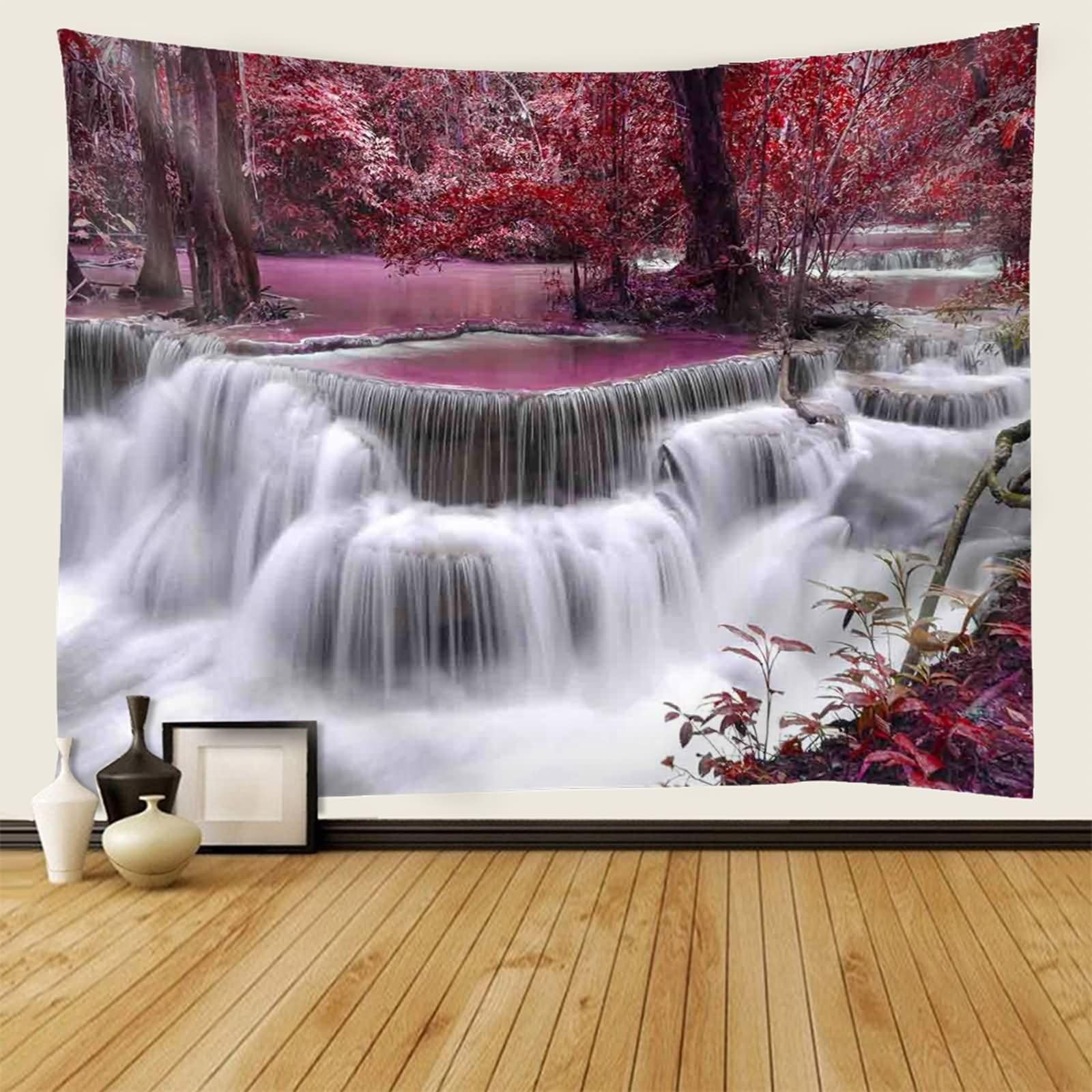 Homxi Wandteppich Landschaft 260 x 240 CM,Wasserfall Waldlandschaft Tapestry Wandbehänge Polyester Rot Grau Weiß
