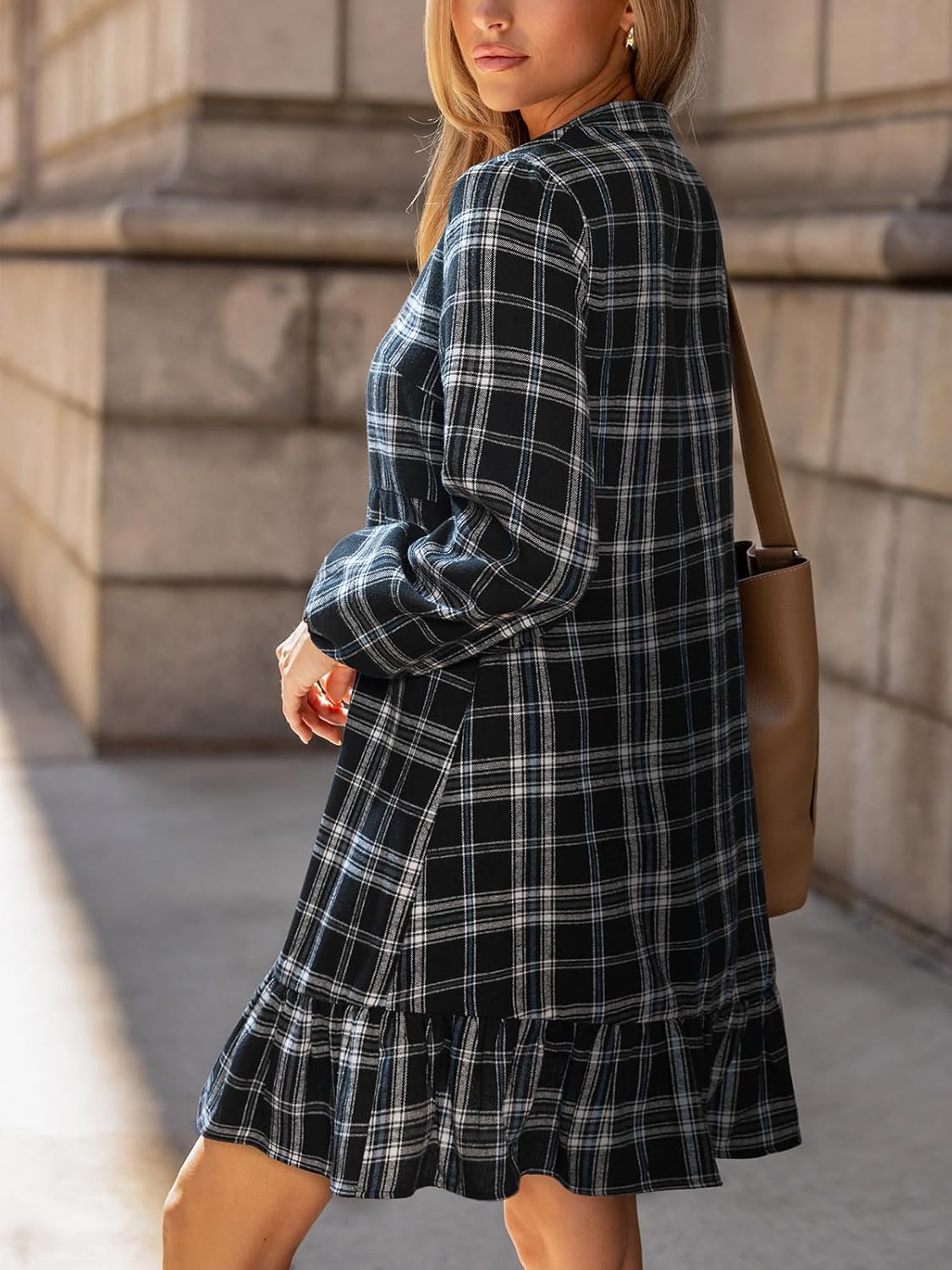 CUPSHE Women Fall Dresses Plaid Ruffle Hem V Neck Long Sleeve Button Holiday Tunic Mini Dress - Image 2