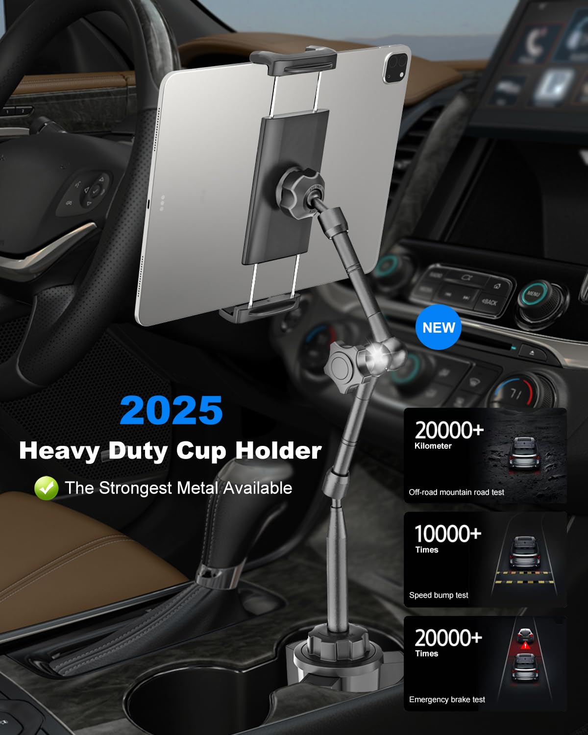 Supporto Tablet Auto da Portabicchiere con Braccio Metallico Regolabile, Compatibile con iPad Pro Air Mini, iPhone, Galaxy Z Fold e Dispositivi da 4-13 Pollici, per SUV e Camion