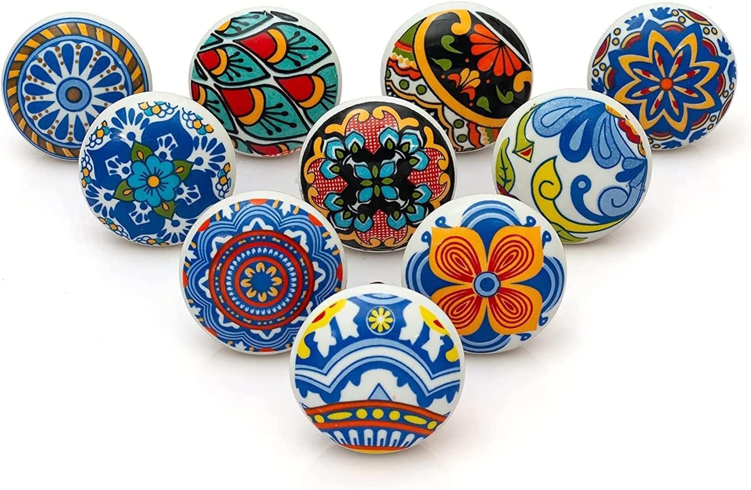Handmade Set of 10 Ceramic Drawer Knobs for Home, Kitchen, Bathroom or Office | Comes with Bolts, Washer and Closing Dome Nuts (Multicolor)