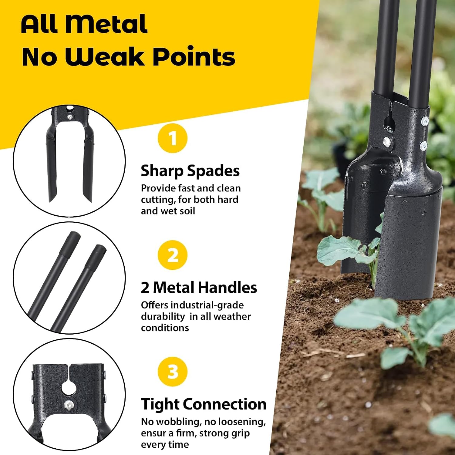 Post Hole Digger Tool, Heavy Duty Post Hole Digger with 55 Inch Handle, Dual Sharp Blades for Soil Plugging, Digging, Cultivating, Weeding, Manual Post Hole Digging Tool Garden Shovel Grey