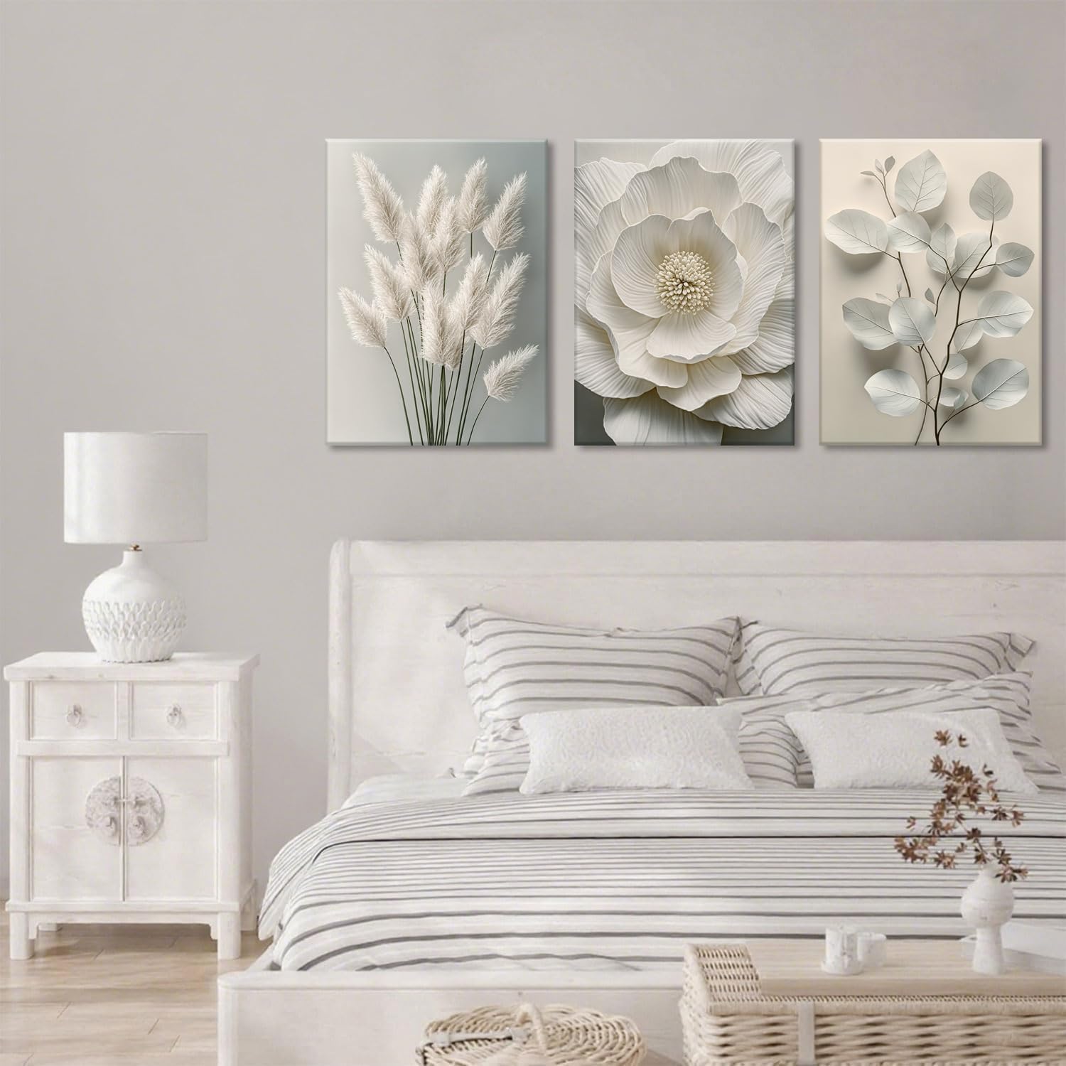 TUEASKY 3 Piece Canvas Wall Art Floral Wall Decor Neutral Pictures Flower Art Prints Botanical Paintings Beige Artwork For Bedroom Living Room
