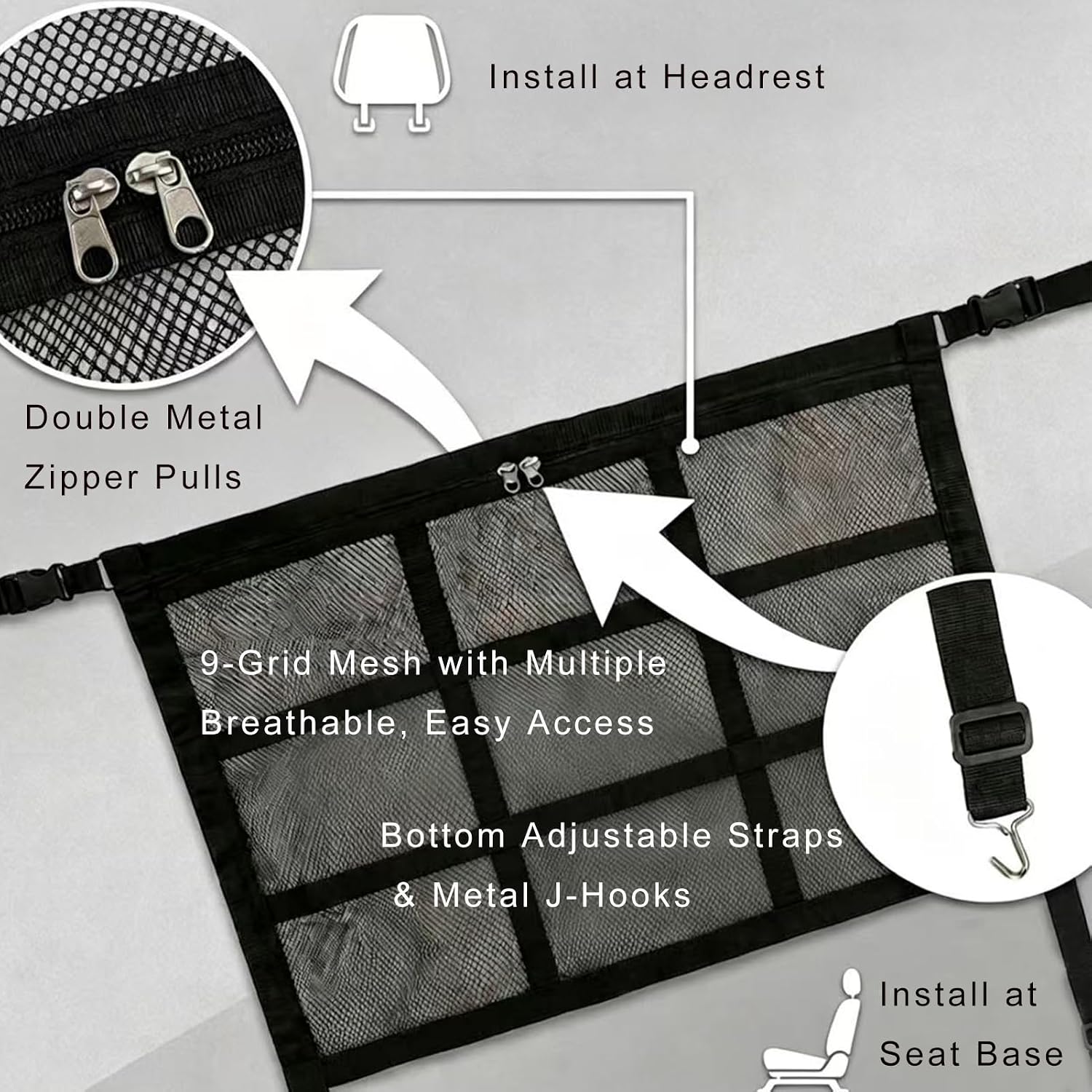 Car Seat Pet Barrier Mesh Organizer Storage Pocket Adjustable Strap image 3
