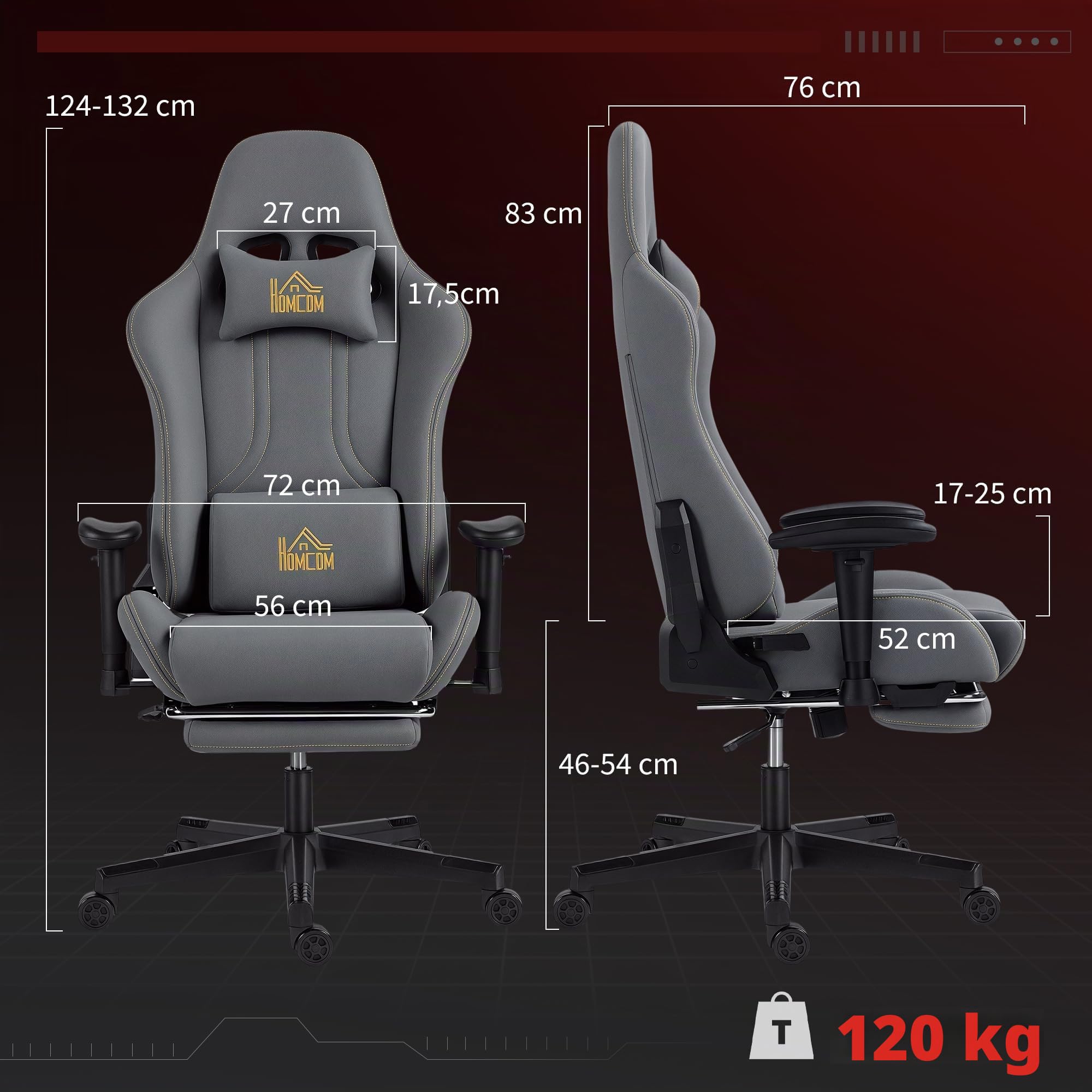 HOMCOM Chaise Gaming Ergonomique avec accoudoirs réglables, Fauteuil Gamer en suède avec Dossier inclinable, Hauteur réglable, Repose-Pieds, Appui-tête, Soutien Lombaire et pivotant à 360°, Gris