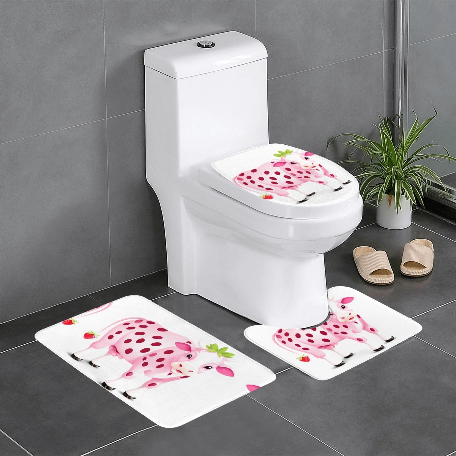 Tapis de salle de bain fraise et vache devant la coiffeuse | Créez un cocon rose et ludique