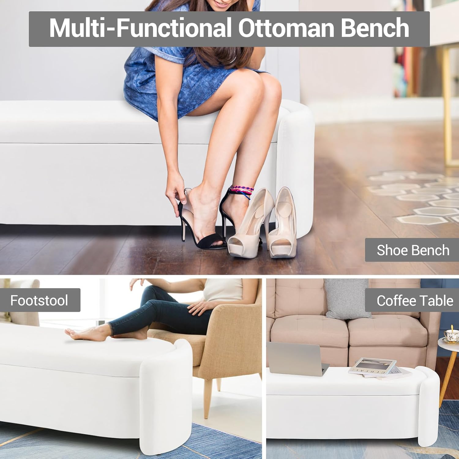 Modern Oval Storage Ottoman Bench, 51.2" Upholstered Fabric End of Bed Bench with Safety Hinge and Seating, White Velvet Ottoman for Bedroom, Living Room, Entryway