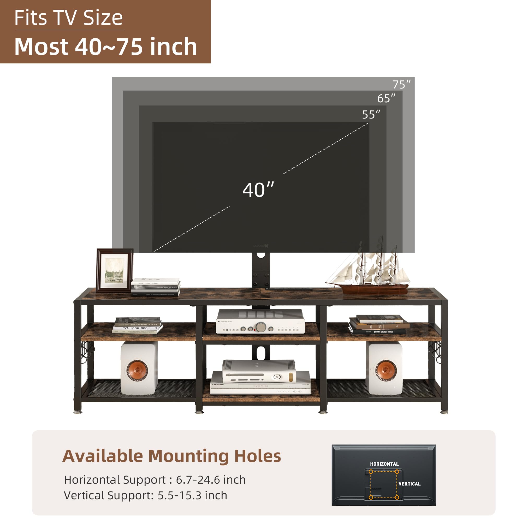 VECELO 63" TV Stand with Mount and Power Outlets, Entertainment Center Console with Open Storage Shelves, Height Adjustable Mount up to 75”, Wooden Table and Metal Frame for Living Room, Rustic Brown