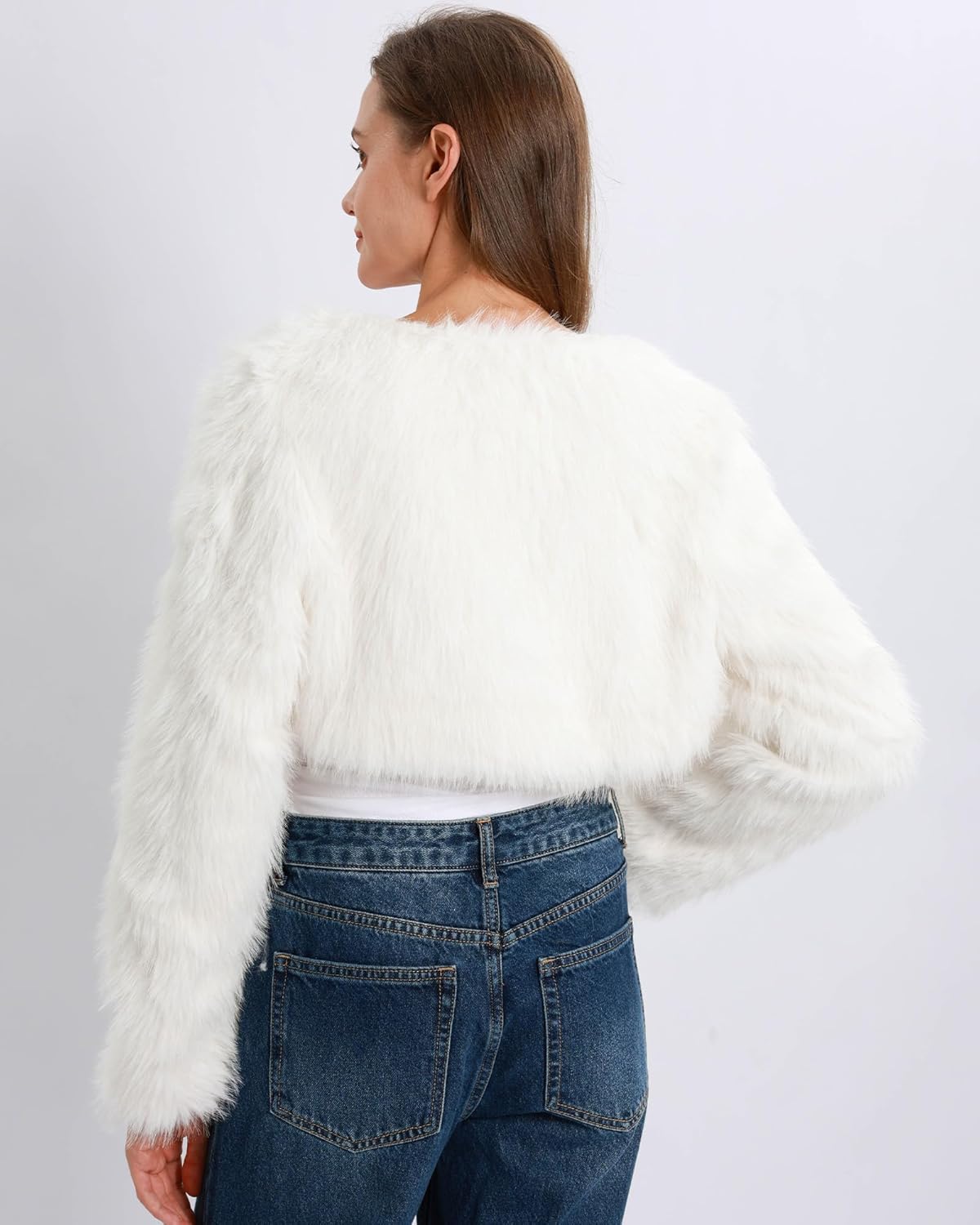 Xintianji Womens Faux Fur Cropped Jacket - Open Front Long Sleeve Winter Fuzzy Fleece Coat - Image 3