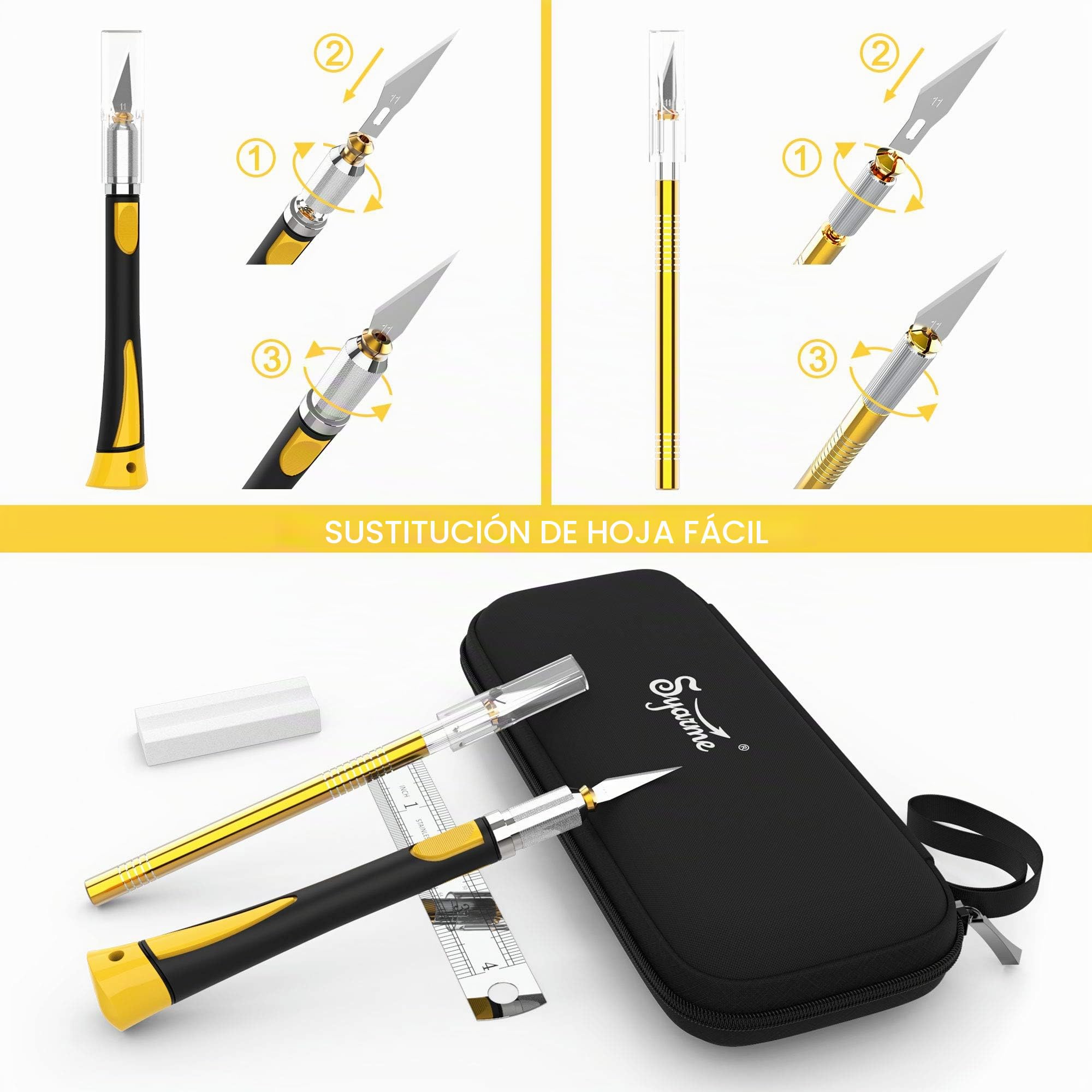 Cutter Manualidades Precision, Cutter de Precision con Mango de Goma, Para Cortar, Tallar y Modelismo, Contiene 2 Cuter Manualidad, 20 Cuchillas de Recambio, Caja de Almacenaje, Piedra de Afilar Etc