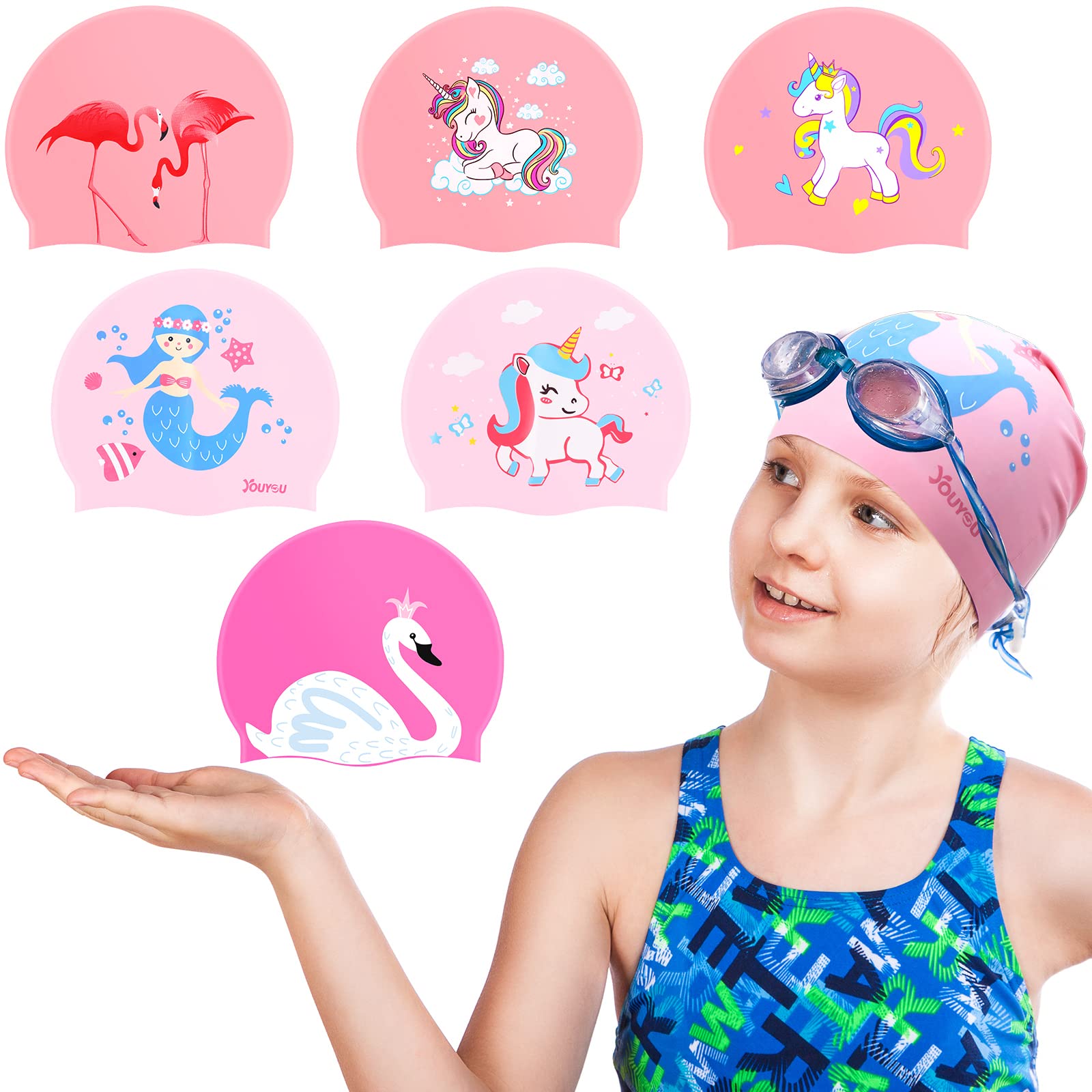 Buy 6 Pieces Swim Caps for Kids Silicone Swim Cap Waterproof Bathing