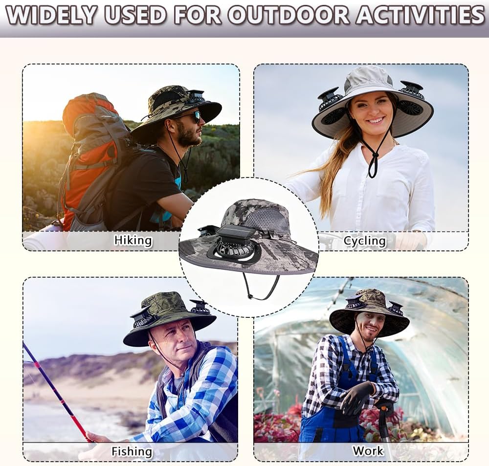 Solar Fan Hat Rechargeable 2Detachable Solar Fans,Water-Repellent Wide Brim Bucket Hat, Outdoor Camping Hiking Golf Sun Hat