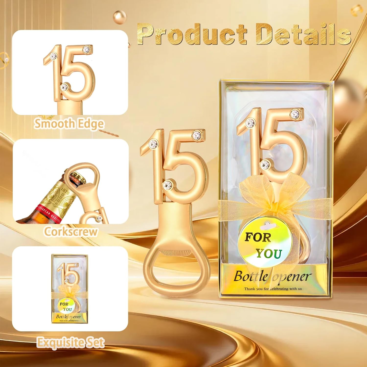 24Pcs Golden 15 Bottle Openers for 15th Birthday Party Favors Rhinestones Decorations for Wedding Anniversary Gifst Souvenrs or Keepsaks for Guests