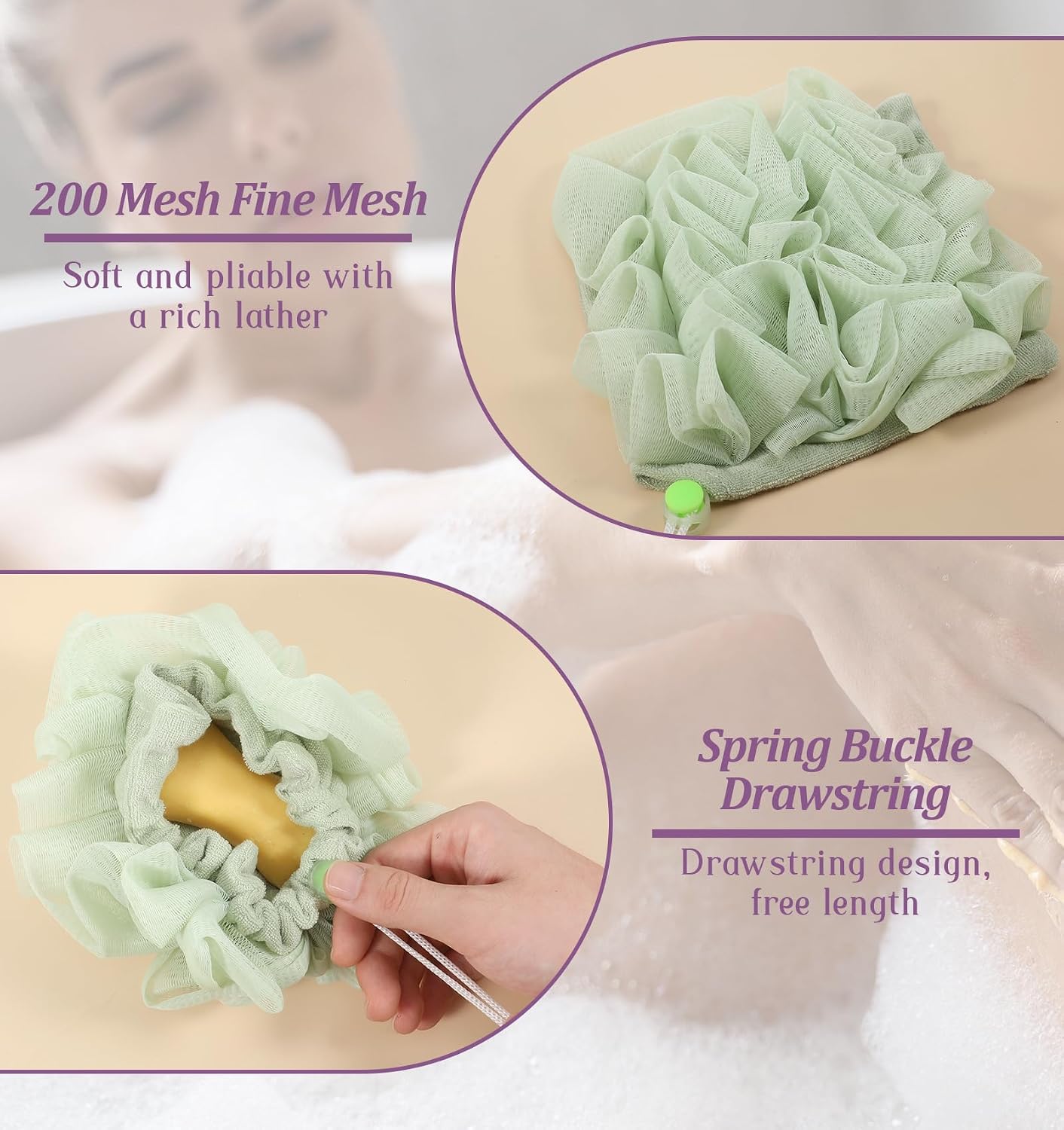 3 PCS Loofah Washcloth Combo 2-in-1, Soap Bar Loofah Exfoliating Shower Pouf with Bar Soap Pocket Body Scrubber Exfoliating Loofa for Women & Men Bath Accessories Cleaning Tool (Green Purple Khaki)
