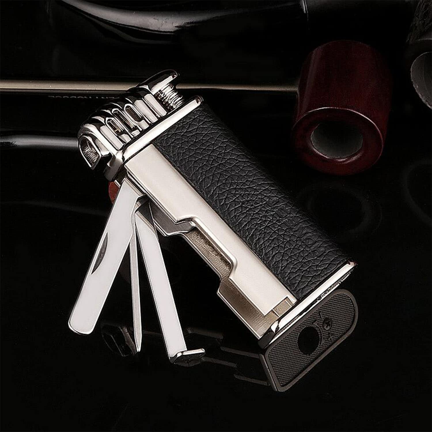 Briquet à Pipe Flamme Douce avec 3 Outils de Cure-Pipe Tube en Métal Briquet Rechargeable Au Butane Cadeau pour Hommes Fumeurs