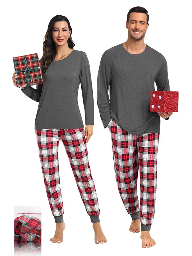 Couple Matching Plaid Pajama Set Christmas Pjs for Men Women Long Sleeve Sleepwear Lounge Set With Pockets S-3XL