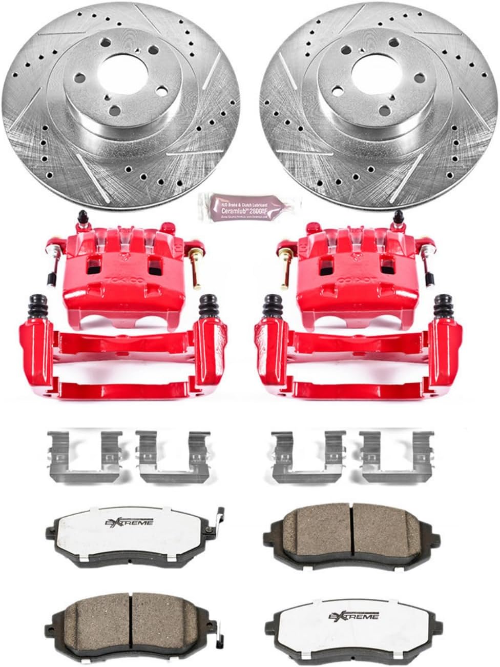 PowerStop Front Brake Kit For Saab 9-2X 2005-06 |Subaru Baja 2003-06 |Forester 2003-08 |Impreza 2003-05 - Drilled and Slotted Disc Rotors with Carbon-Fiber Ceramic Brake Pads Replacement, KC2373-26