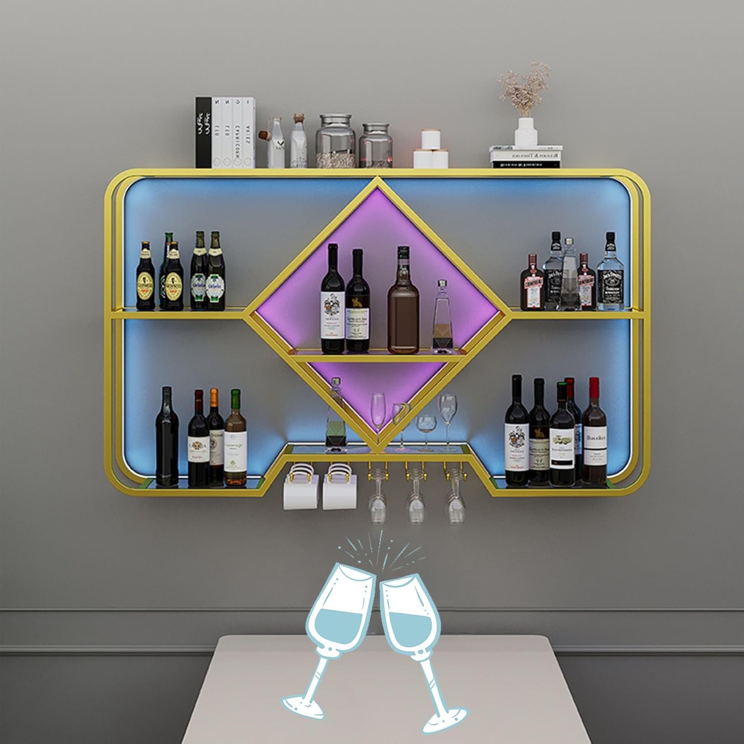 Wine Rack Floating Bar Shelves Wall Mounted with Hanging Wine Glass Holder Liquor Cabinet Bottle Display Shelf Kitchen Shelf with Light Strip for Home Bar