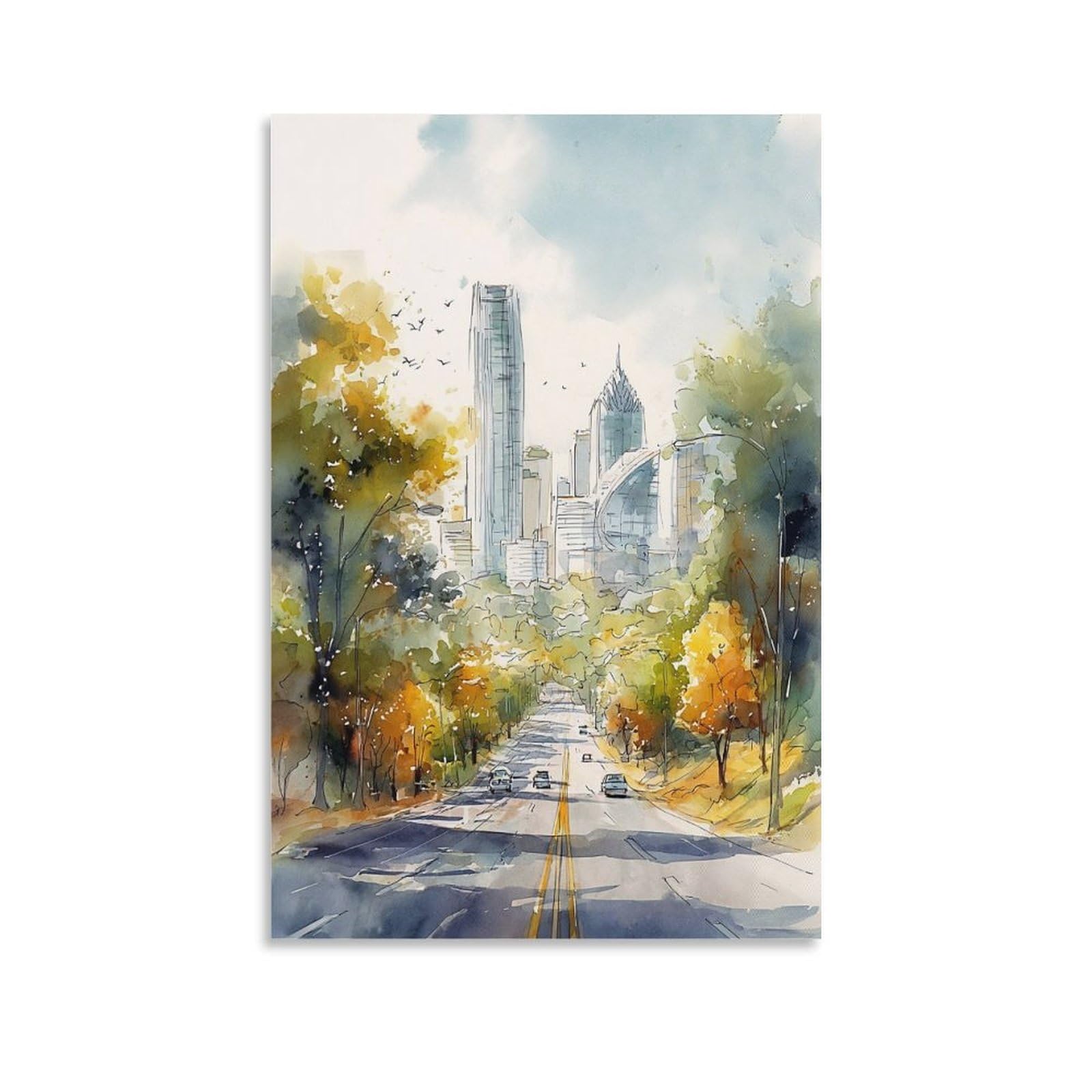 LCYNNH Austin Texas Watercolor Print_ Retro Mid-Century Modern Wall Art_4 16x24inch(40x60cm) Print Home Bedroom Office Living Room Decor Canvas