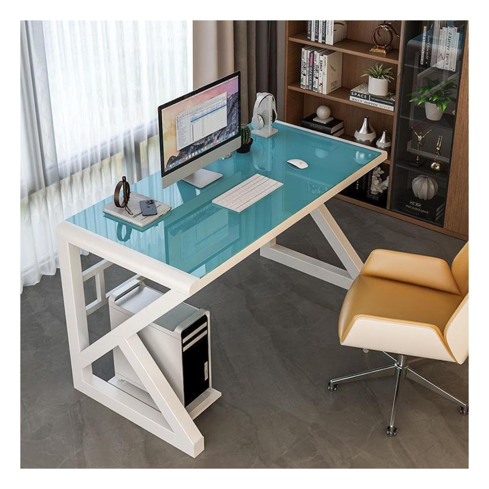 Wdsopk Blue+White Computer Desk Home Office Desk Tempered Glass Computer Desk, Modern Home Office Desk Gaming Desk Writing Study For Study Play Work Bedroom Home Office（-100Cm）