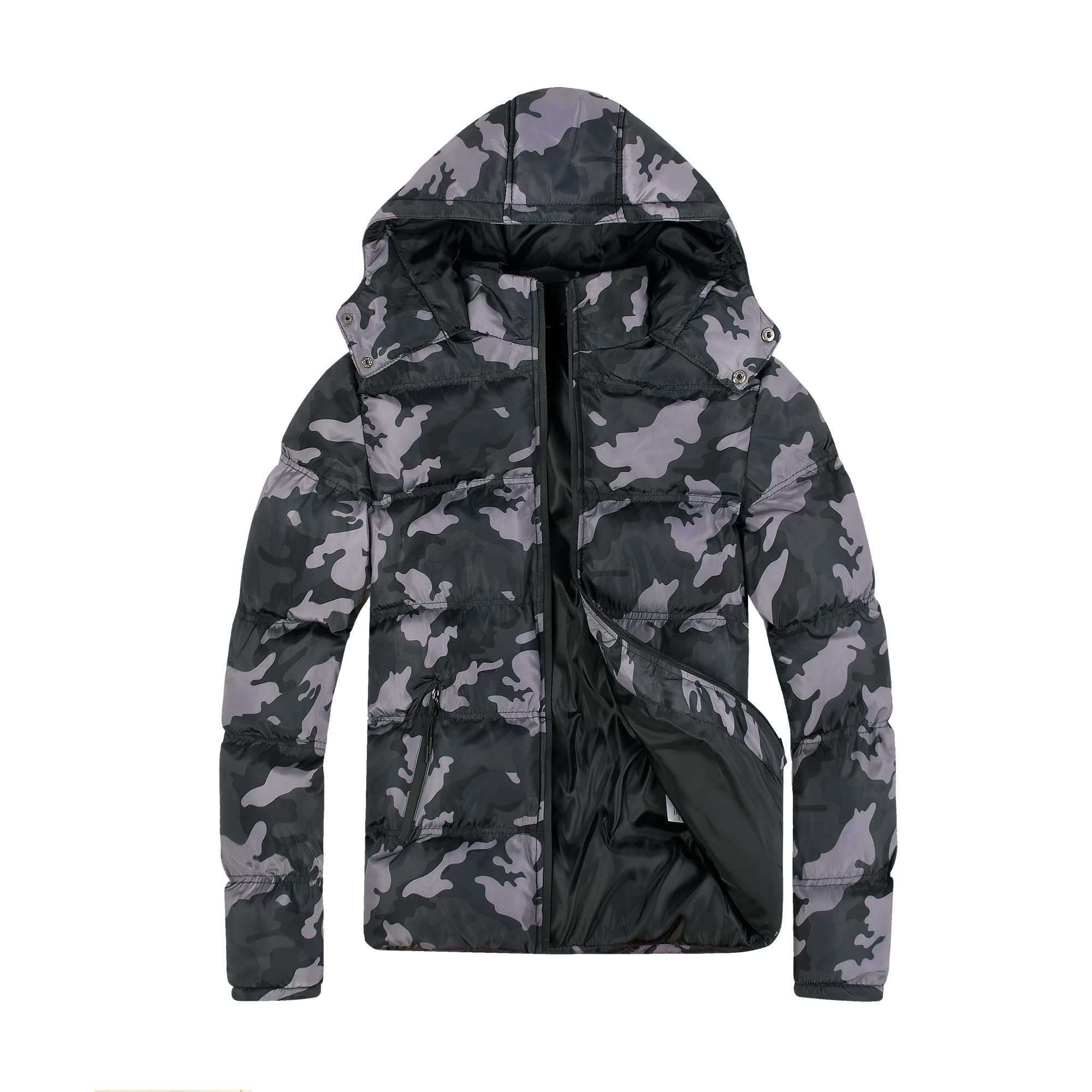 SUNDAY ROSE Puffer Jacket Mens Water-Resistance Quilted Keep Warm Winter Coat with Hood S Vintage Black Camo
