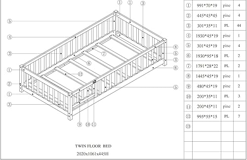 Miniatura 2 de MERITLINE Base de cama de suelo de tamaño individual, cama de plataforma de madera maciza con barandillas de valla y puerta, cama individual con