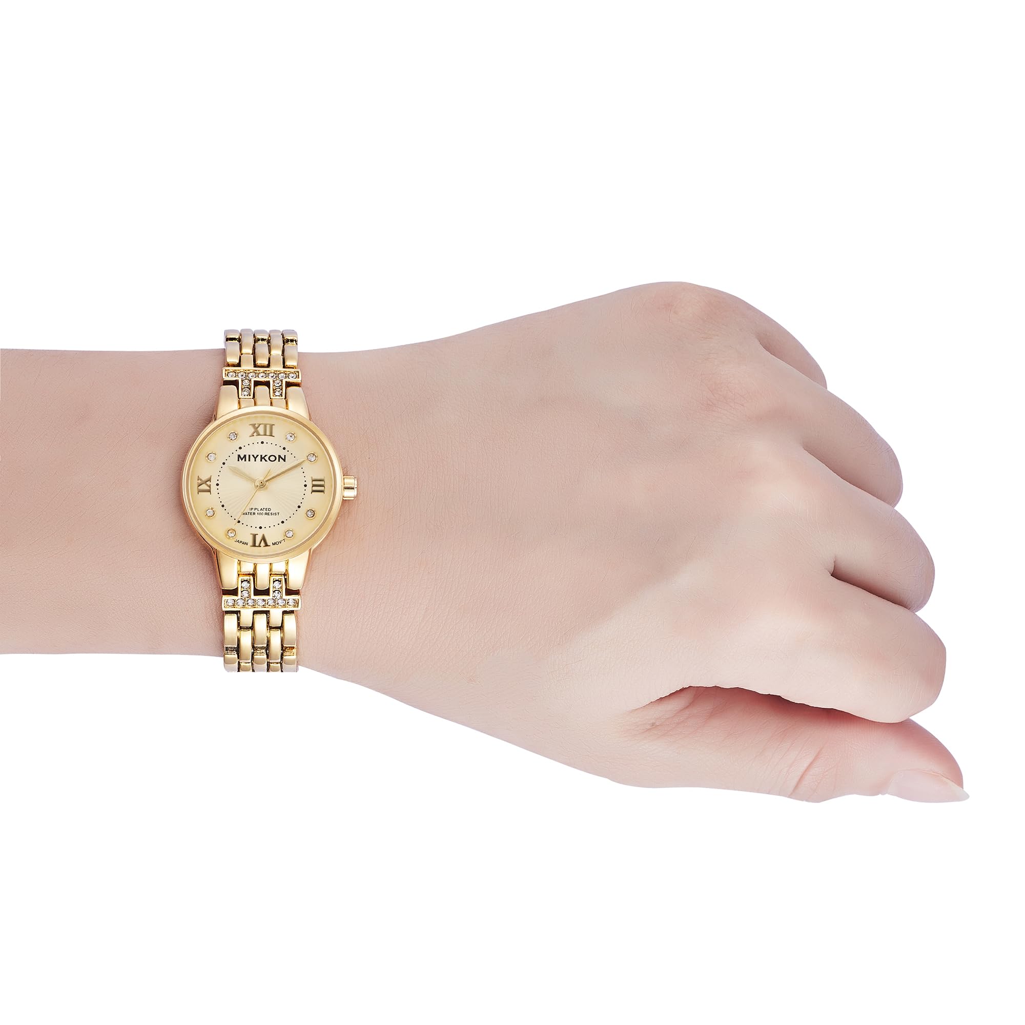 Miykon Relojes de plata y oro para mujer, pequeño y delicado reloj para mujer con cristales auténticos, pulsera de joyería para mujer pulida con iones, vidrio resistente a los arañazos, cuarzo japonés