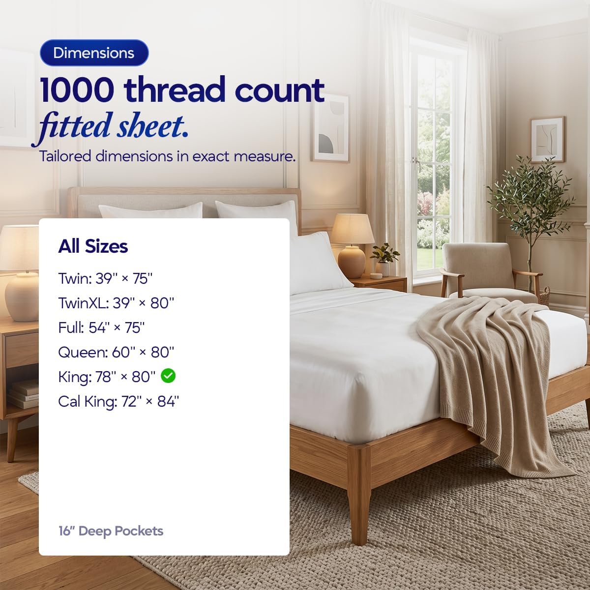 100% Egyptian Cotton Fitted Sheet Only - 1000 Thread Count Cotton Fitted Sheet, Soft, Durable, Cooling 16" Deep Pocket Sateen Weave Bottom, Luxury Hotel Quality (White, King)