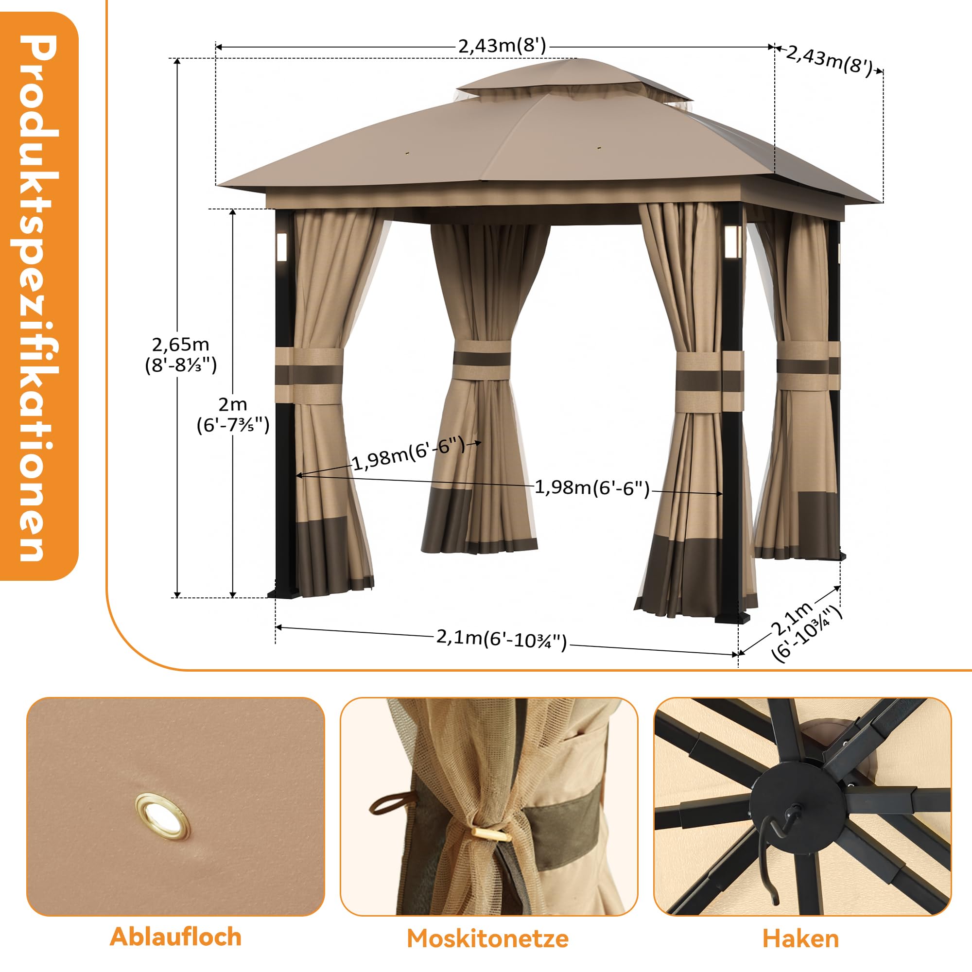 Modern Shade Gartenpavillon Doppeldach 2,4 x 2,4m mit LED-Beleuchtung & Bluetooth-Lautsprecher, Robuste Außenmarkise mit Metallrahmen, Pavillon mit Stoffdach, Netz und Vorhängen für Garten, Khaki