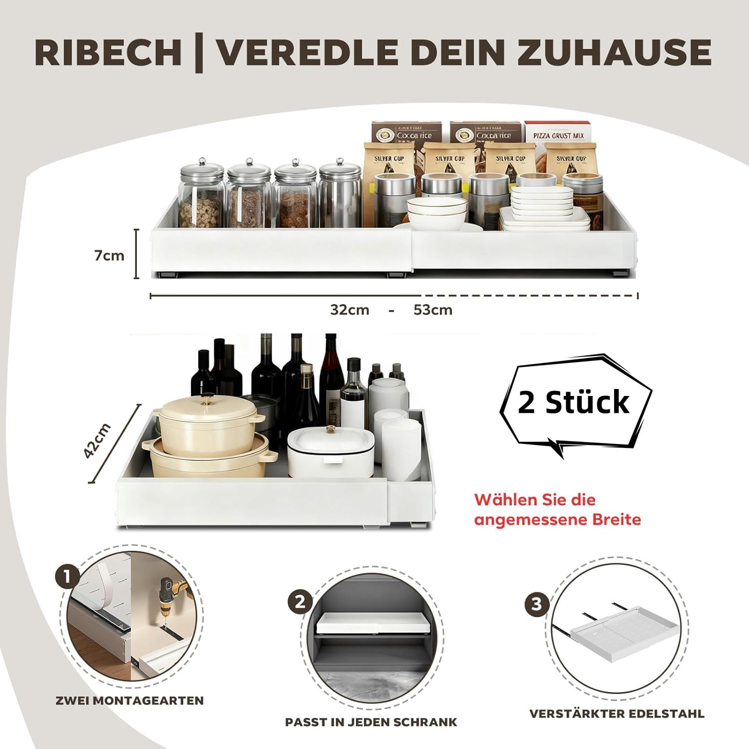 2 Stück Ausziehbarer Schrankorganisator Weiß – Verstellbare Breite 32-53 cm, 42 cm Tiefe – Erweiterbarer Schubladeneinsatz mit Klebefläche, Küchenorganizer ohne Bohren