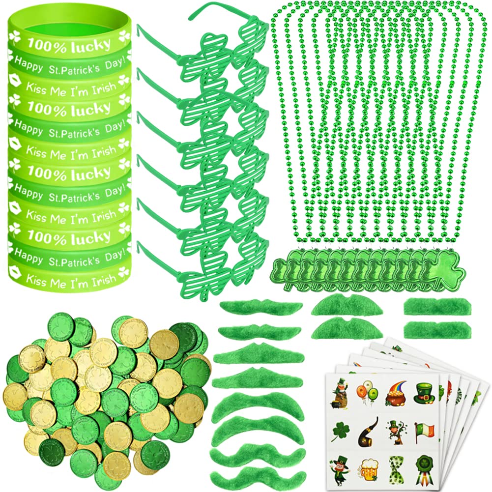 WODMAZ 174 Pcs St. Patrick's Day Party Favors Set, Green Shamrock Necklaces Sunglasses, Bracelets Temporary Tattoos Mustaches Coins for St Patricks Day Irish Accessories Party Supplies