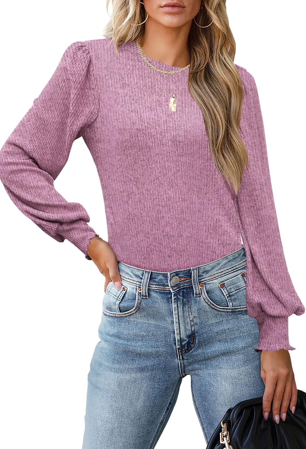 Aifer Women's Crewneck Long Sleeve Shirts Ribbed Dressy Casual Tops Fashion Lightweight Pullover Sweaters
