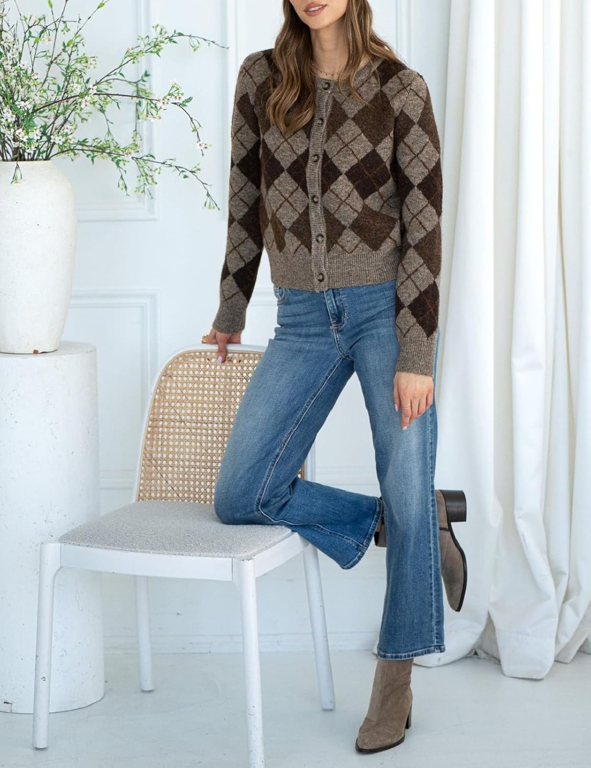 Womens Argyle Preppy Cardigan Sweater Casual Long Sleeve Button Down Color Block Knit Cardigan Spring Fall Knitwears - Image 5