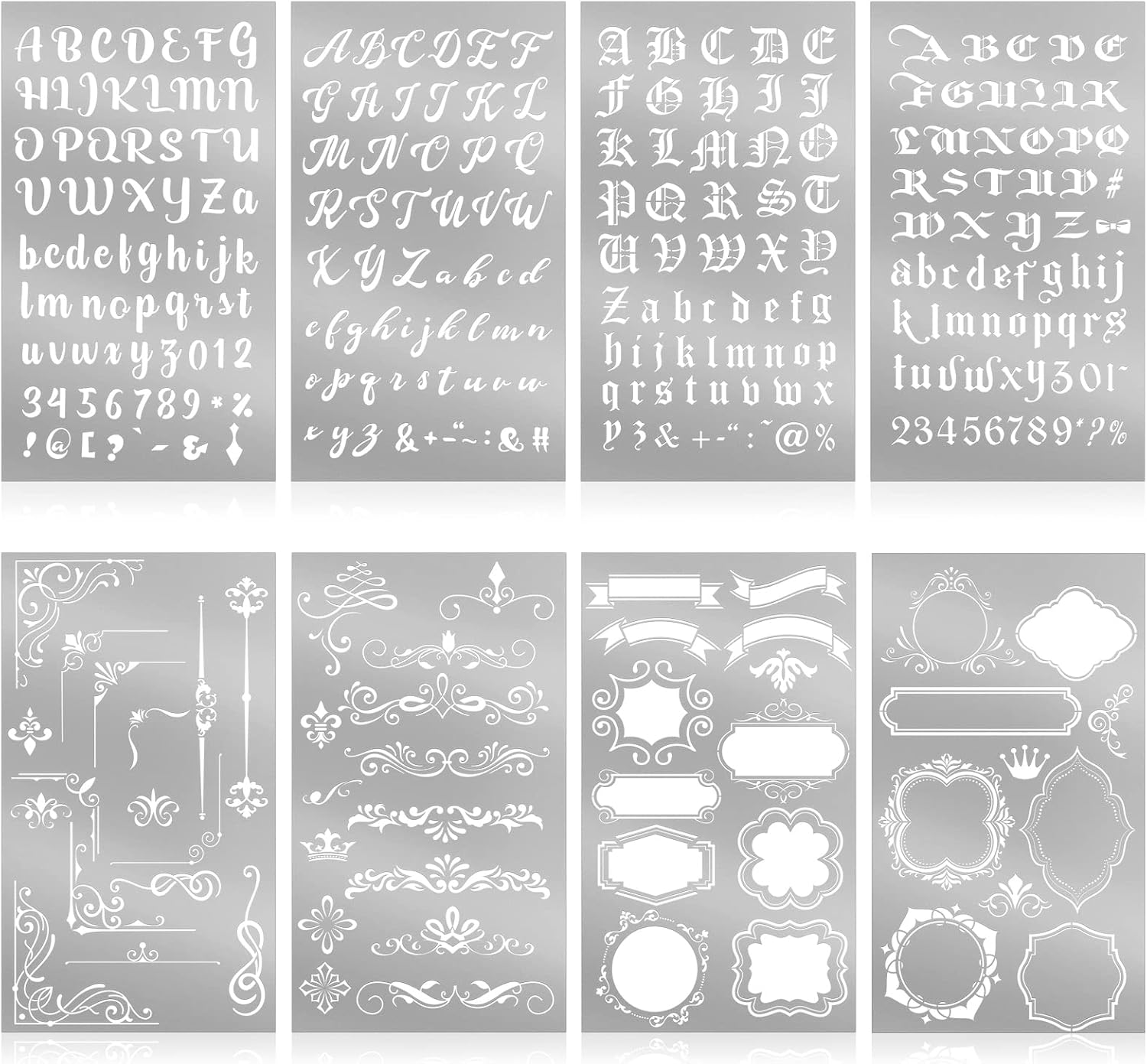 Lewtemi 8 Pcs Metal Stencils Wood Burning Tool 4 x 7 Inch Small Reusable Alphabet Painting Template Stencils for Crafts Journal Engraving Stainless Carving Drawing Journal DIY(Stylish Style)