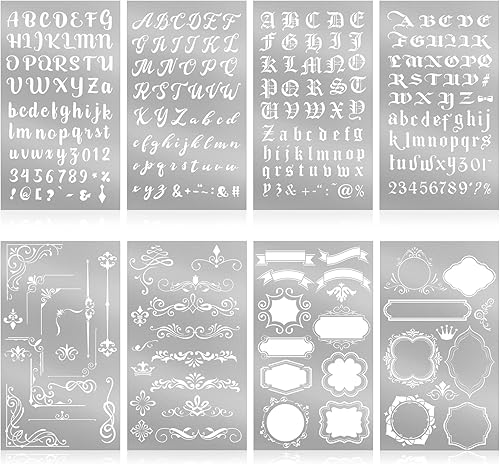 Lewtemi 8 plantillas metálicas de números de letras de 4 x 7 pulgadas, plantillas de alfabeto de acero inoxidable para grabar, pintura, diario,