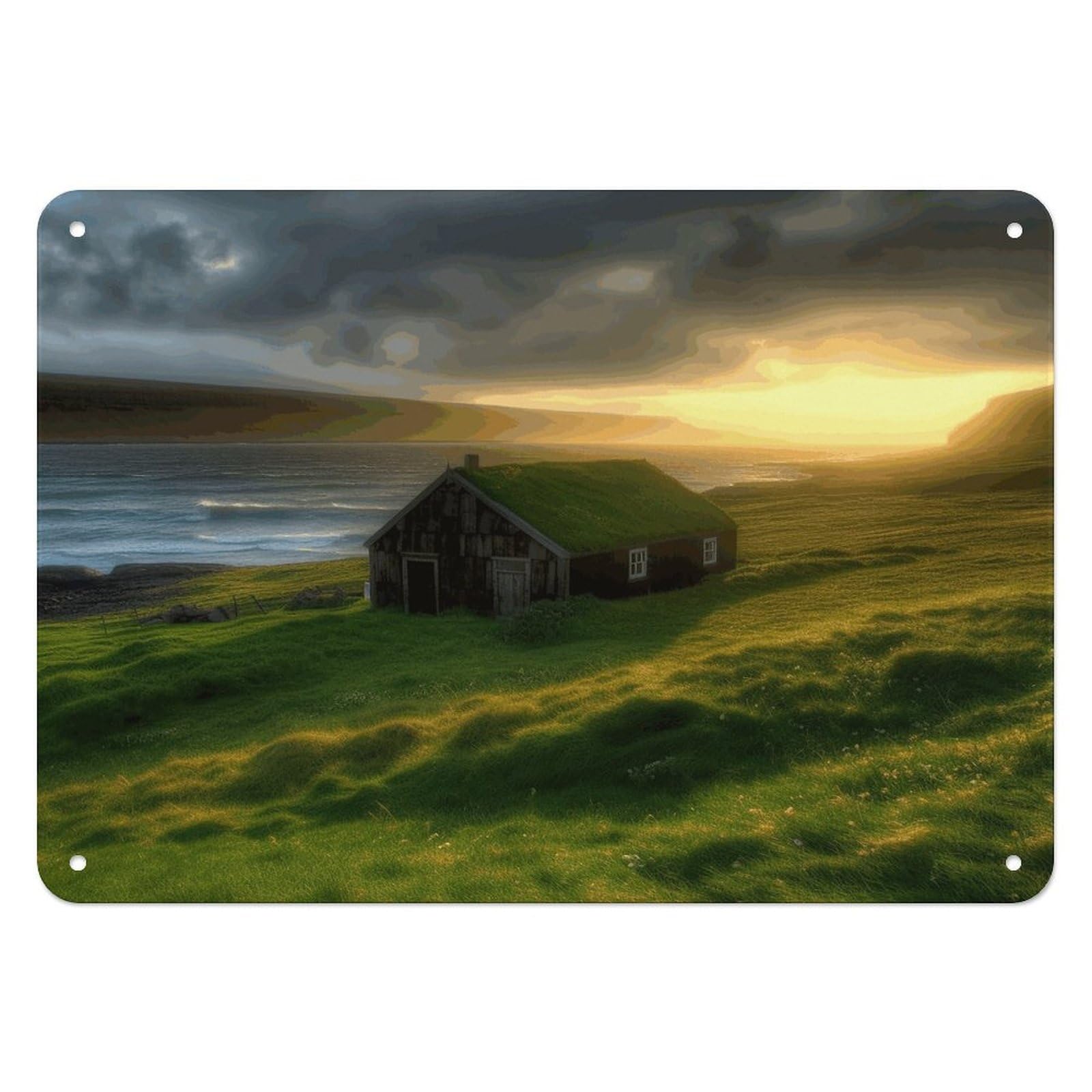 Btcowzrv Style Iceland Hut Grass Coast Sea Sun Rays Metal Sign, 5.5" X 7.9" Tin Wall Decor, Wall Art Plaques For Home Wedding Decor Room Living Room Decoration