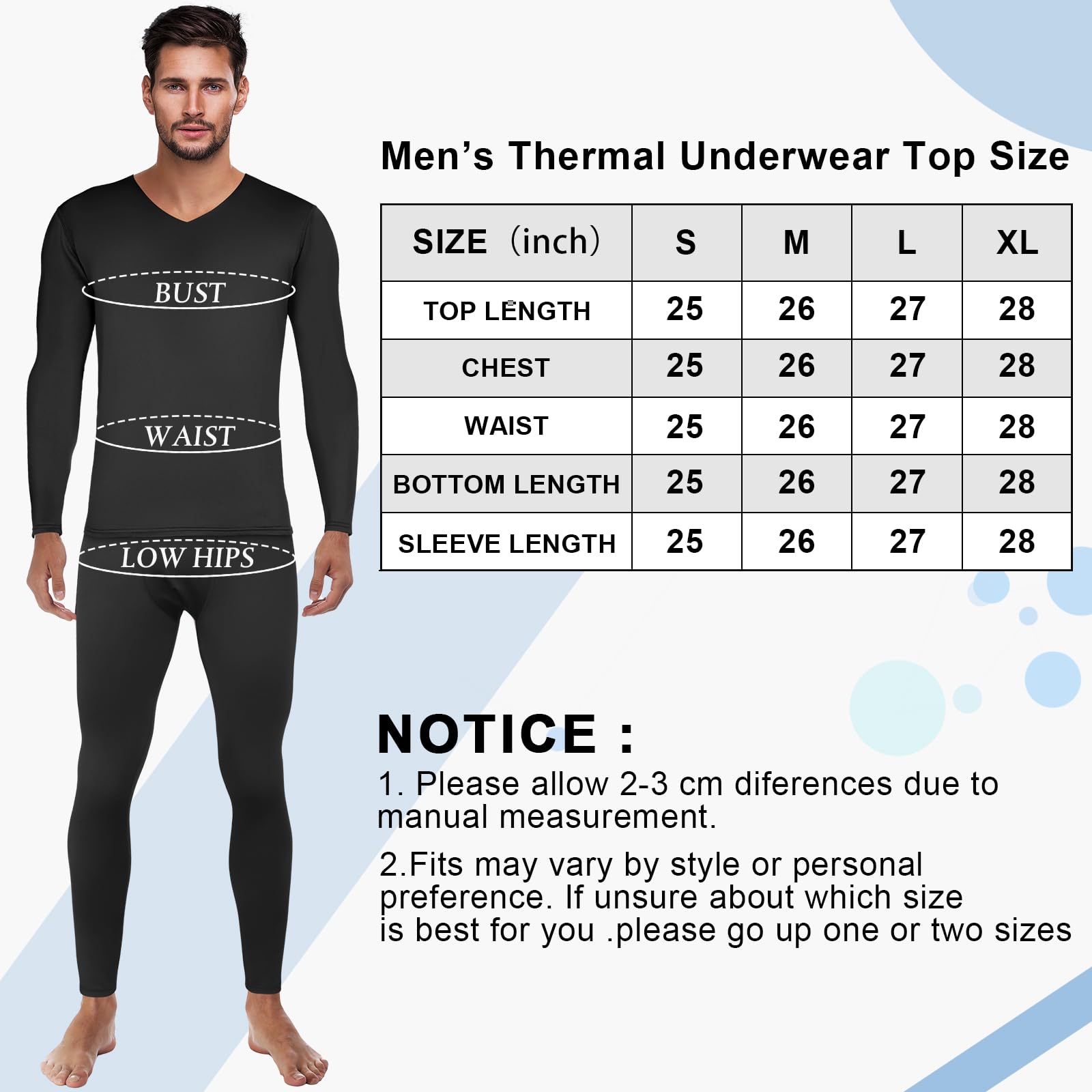 3 Set Herren Thermounterwäsche Winter Warm V-Ausschnitt Fleece Gefüttert Base Layer Set Thermo-Set für kaltes Wetter