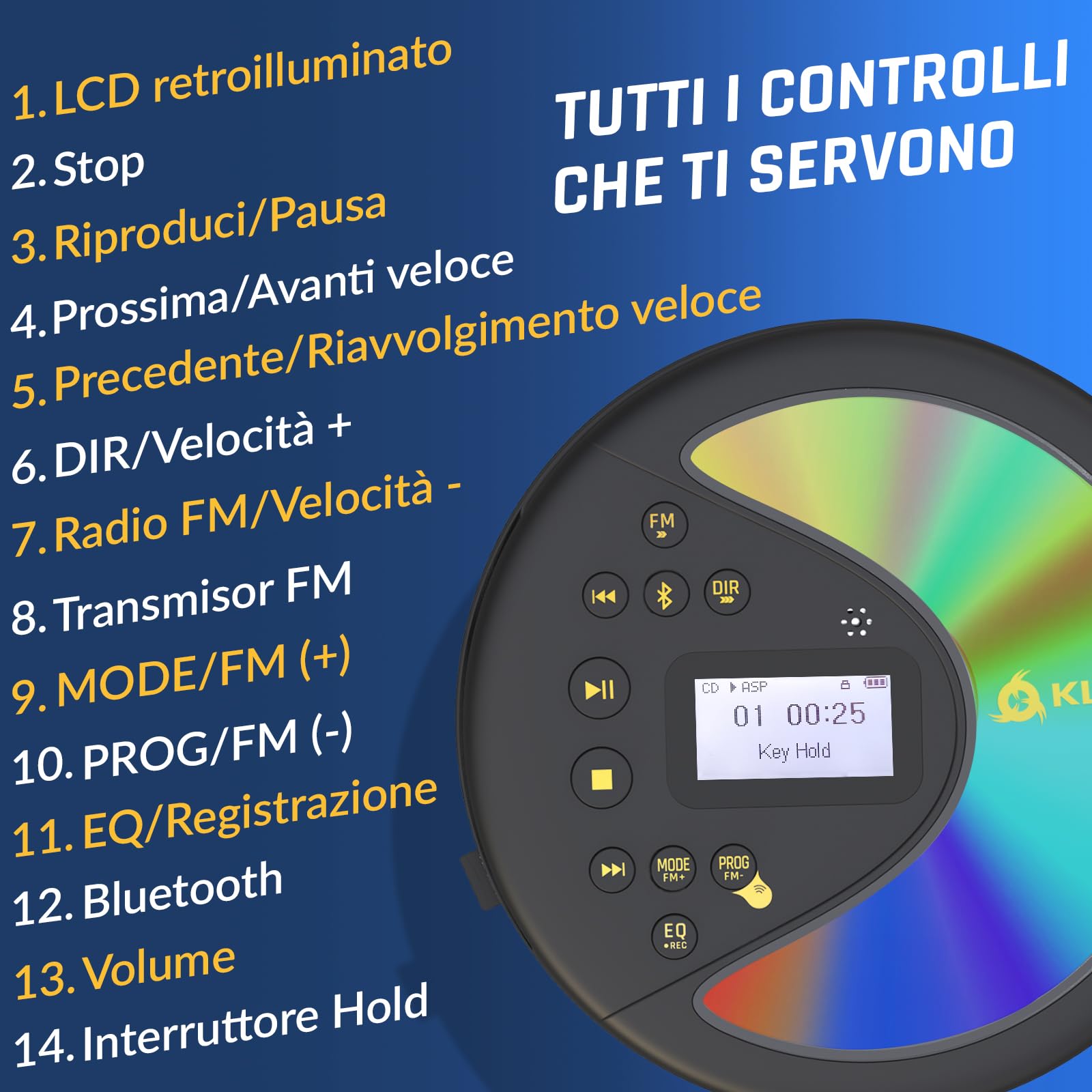 KLIM Discover Lettore CD HiFi Portatile Radio FM Bluetooth Nero/Oro