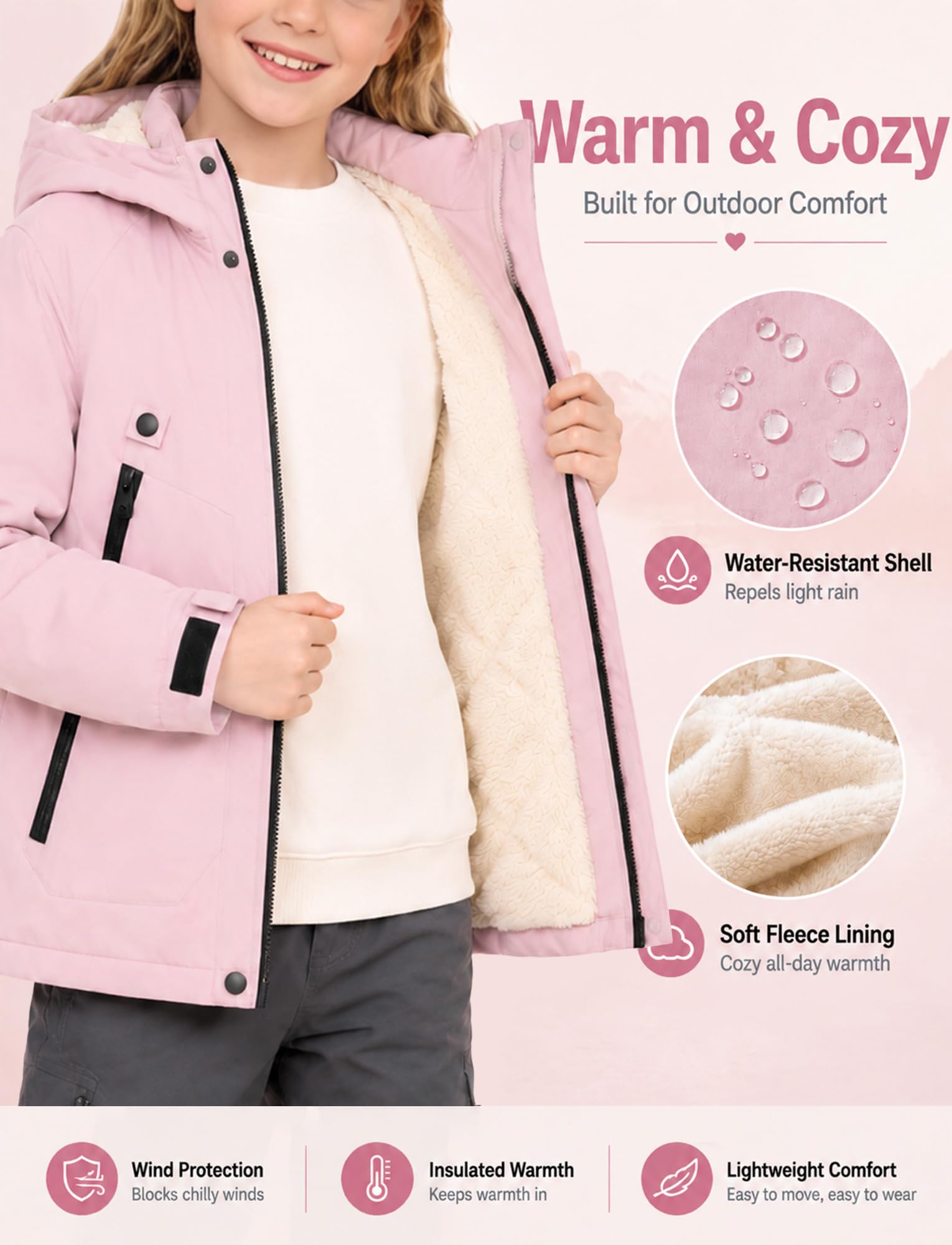 Abrigo de invierno impermeable para niña y niño, chaqueta de esquí a prueba de viento con capucha, forro polar informal de 4 a 13 años