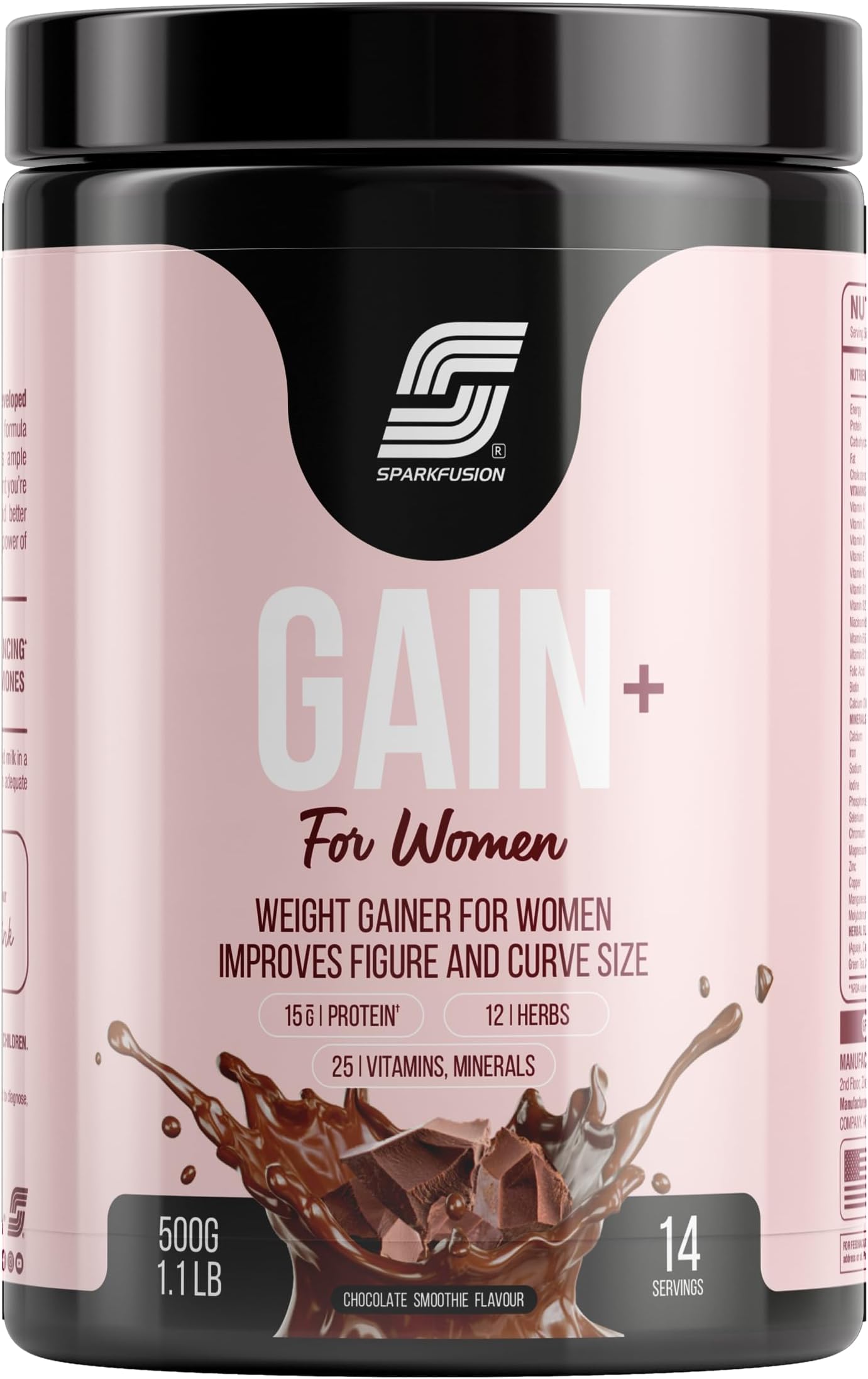 Sparkfusion Gain+ Women Weight Gainer | With Full Power 12 Herbs,Protein & Vitamins | For Improves Figure And Curve Size | Weight + Mass Gainer For Women Chocolate Smoothie flavour 500 gm