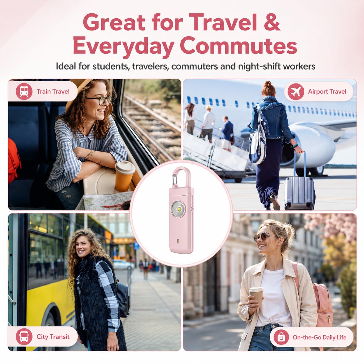 Alarmes personnelles rechargeables pour femme – Cadeaux de Noël et d'anniversaire pour femme, adolescente, fille, porte-clés de sécurité, sirène d'alarme, essentiels de voyage (rose)
