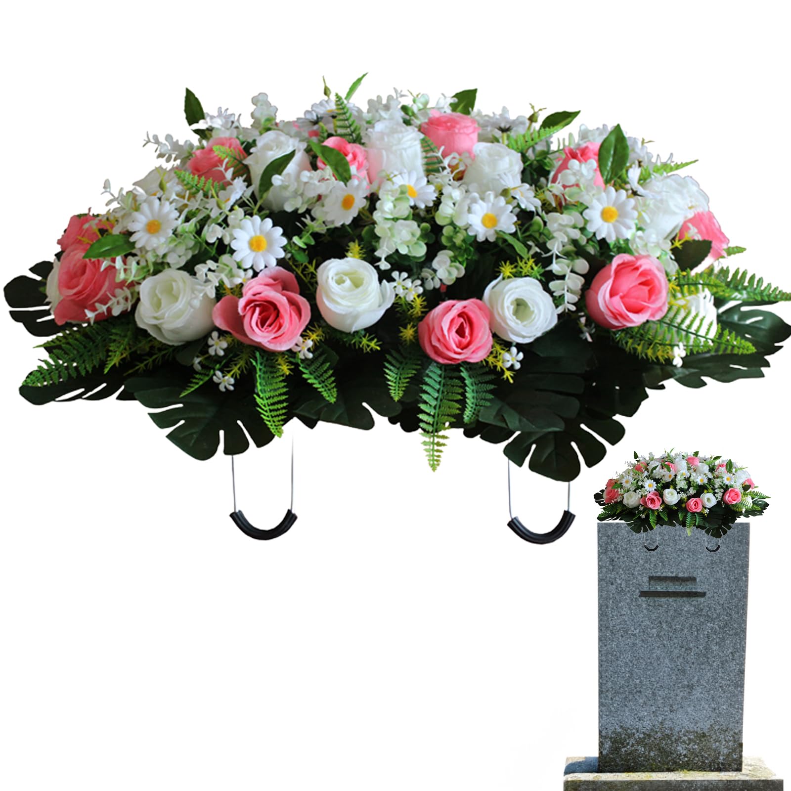 Cemetery Flowers - Outdoor Grave Decorations Cemetery Headstone Saddle Flower Arrangement in Rose Collection Grave Marker Decoration Sympathic Flowers (White Rose+Pink Rose) image 7