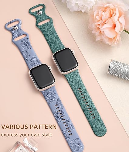 Vista 77 de Odbeai Correa deportiva de silicona suave con grabado floral compatible con Apple Watch de 1.496 pulgadas, 1.575 pulgadas, 1.614 pulgadas, 1.654
