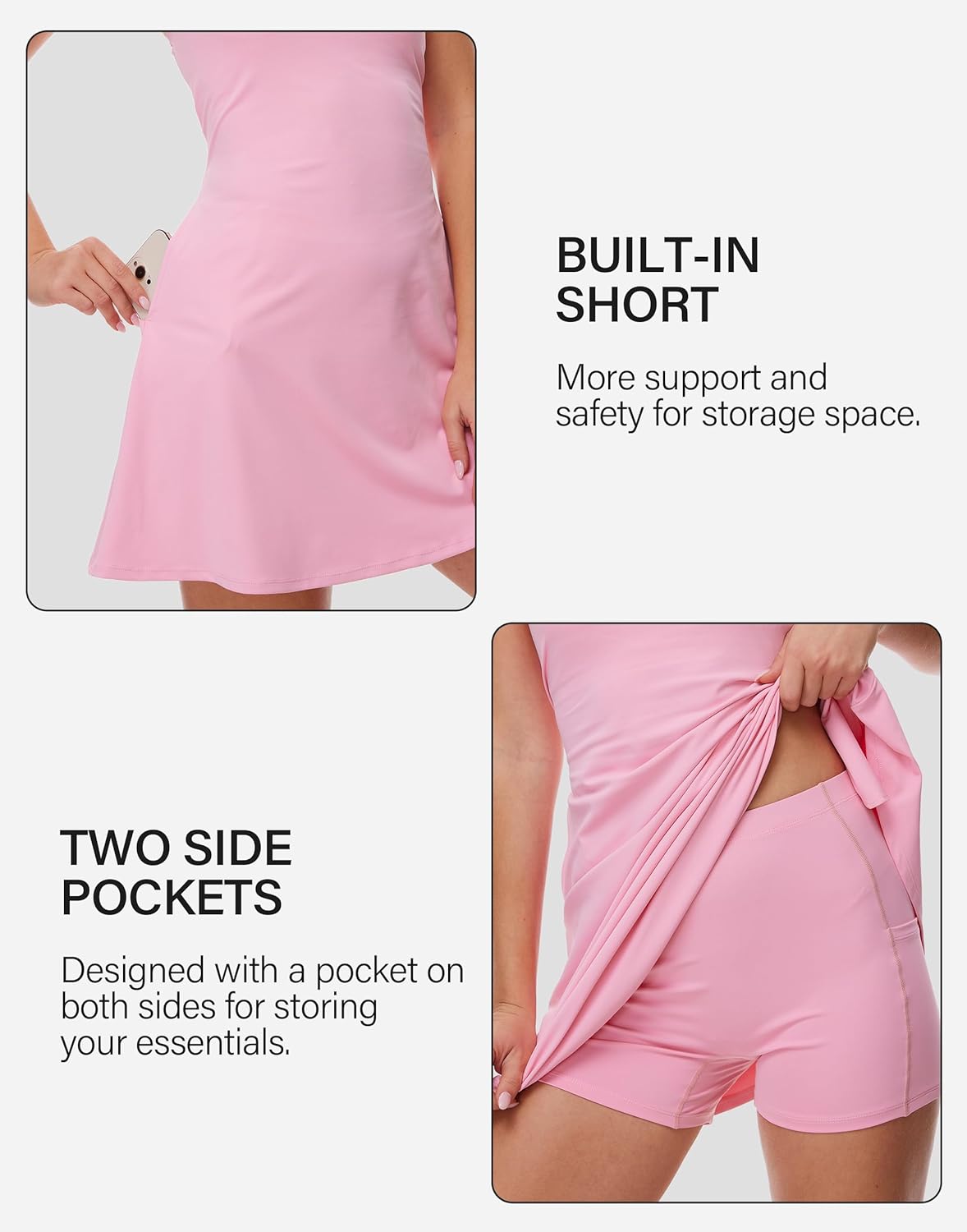 M MOTEEPI Women's Pink Medium Active Dress with Shorts Tennis Golf Workout Dress Open Back Sleeveless 84% Polyester 16% Spandex 5cm W x 10cm L x 5cm H - Image 4