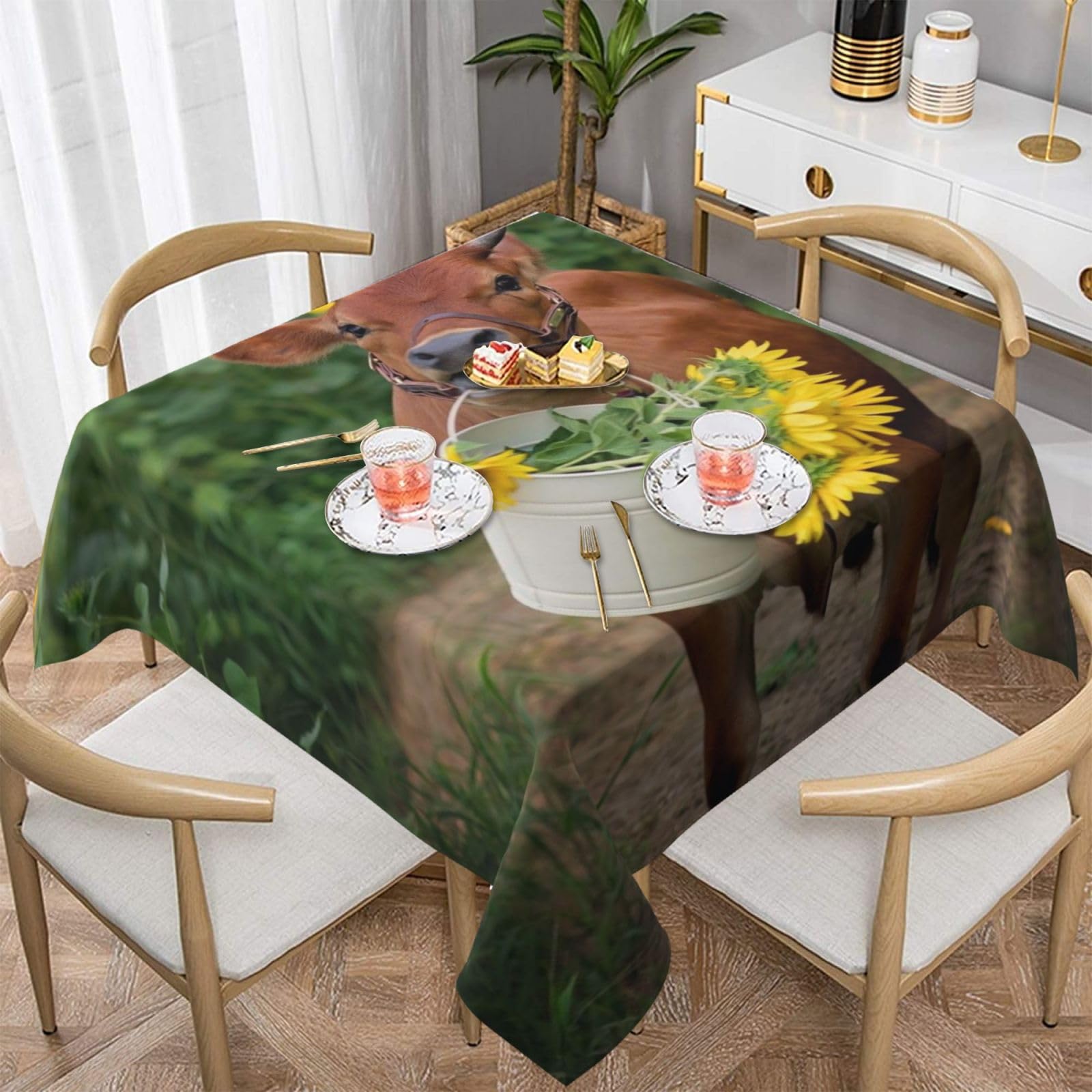 DCEHGEW cow in sunflowers Prints Square Tablecloth 137x137 CM, Waterproof Fabric Table Cloth for Dining Table, Farmhouse Table Cover for Kitchen Dining Tabletop Decoration