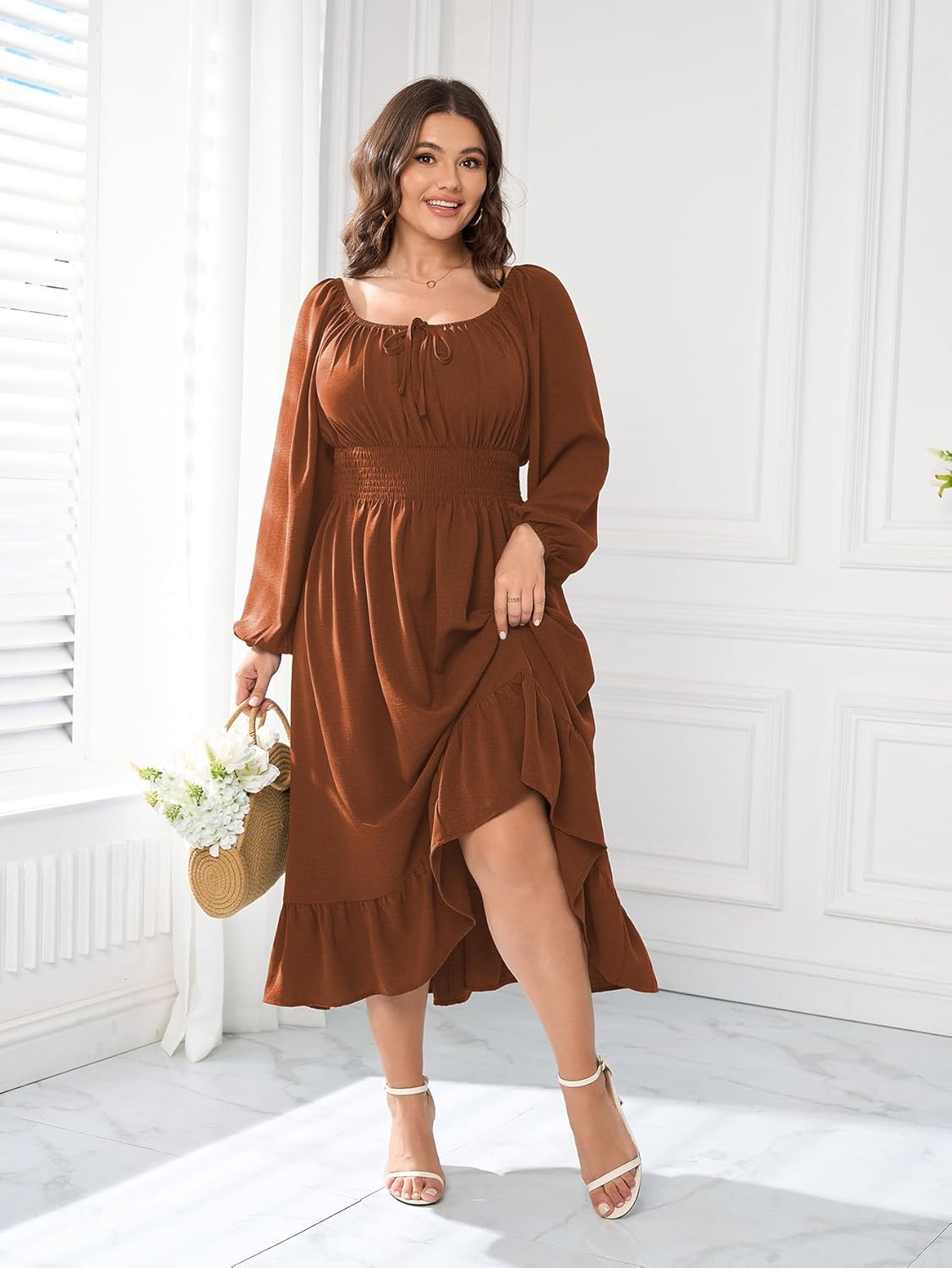 Women's Plus Size Midi Dress Long Sleeve Scoop Neck Elastic High Waist A Line Dresses for Women Wedding Guest Dress - Image 4