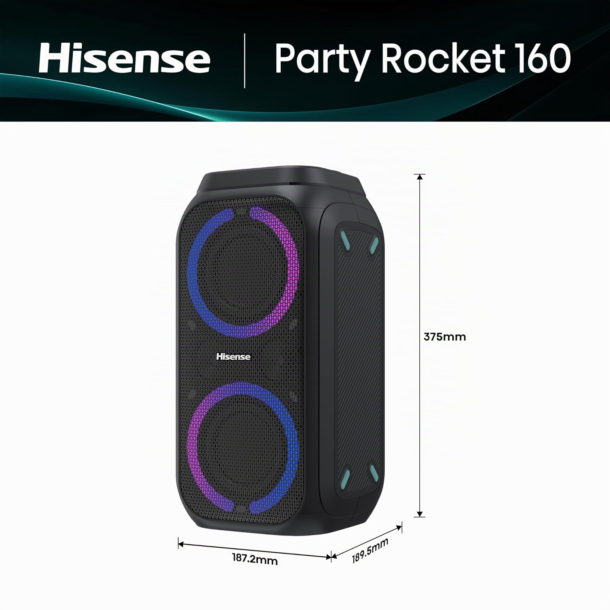 Hisense Party Rocket - Enceinte de Soirée Bluetooth Portable 160W, Jeux de Lumière Synchronisés, 12H d'Autonomie, Fonction Karaoké, Entrée Micro/Guitare