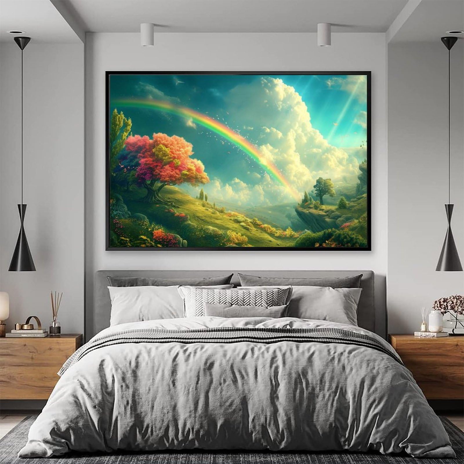 Amazon.co.jp: 絵画 虹の下の緑の野原 アートパネル ポスター 美しい