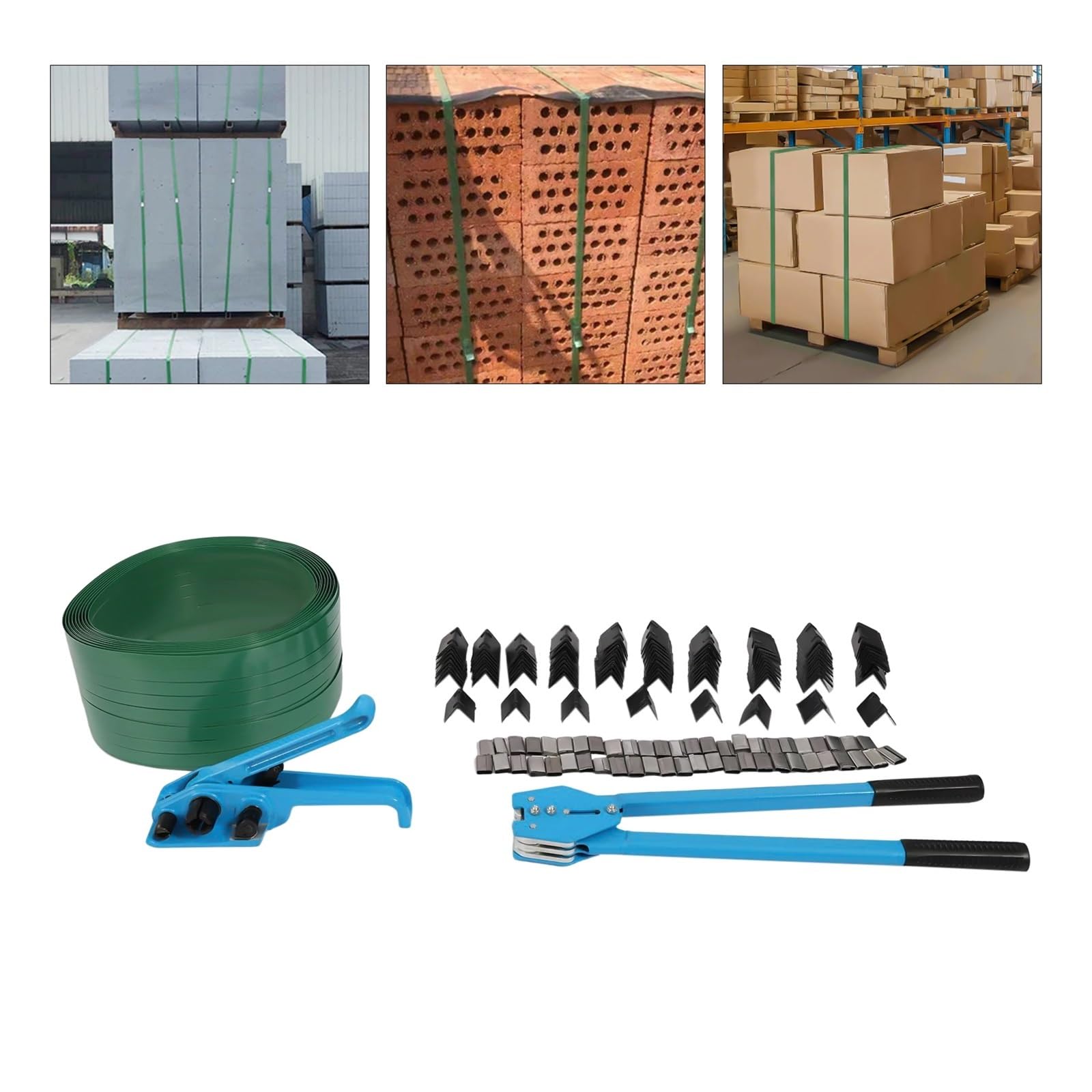 Kit di reggiatura for imballaggio, di tensamento 1000 N, struttura in alluminio pressofuso e acciaio, include guarnizi metalliche, imballaggio in plastica