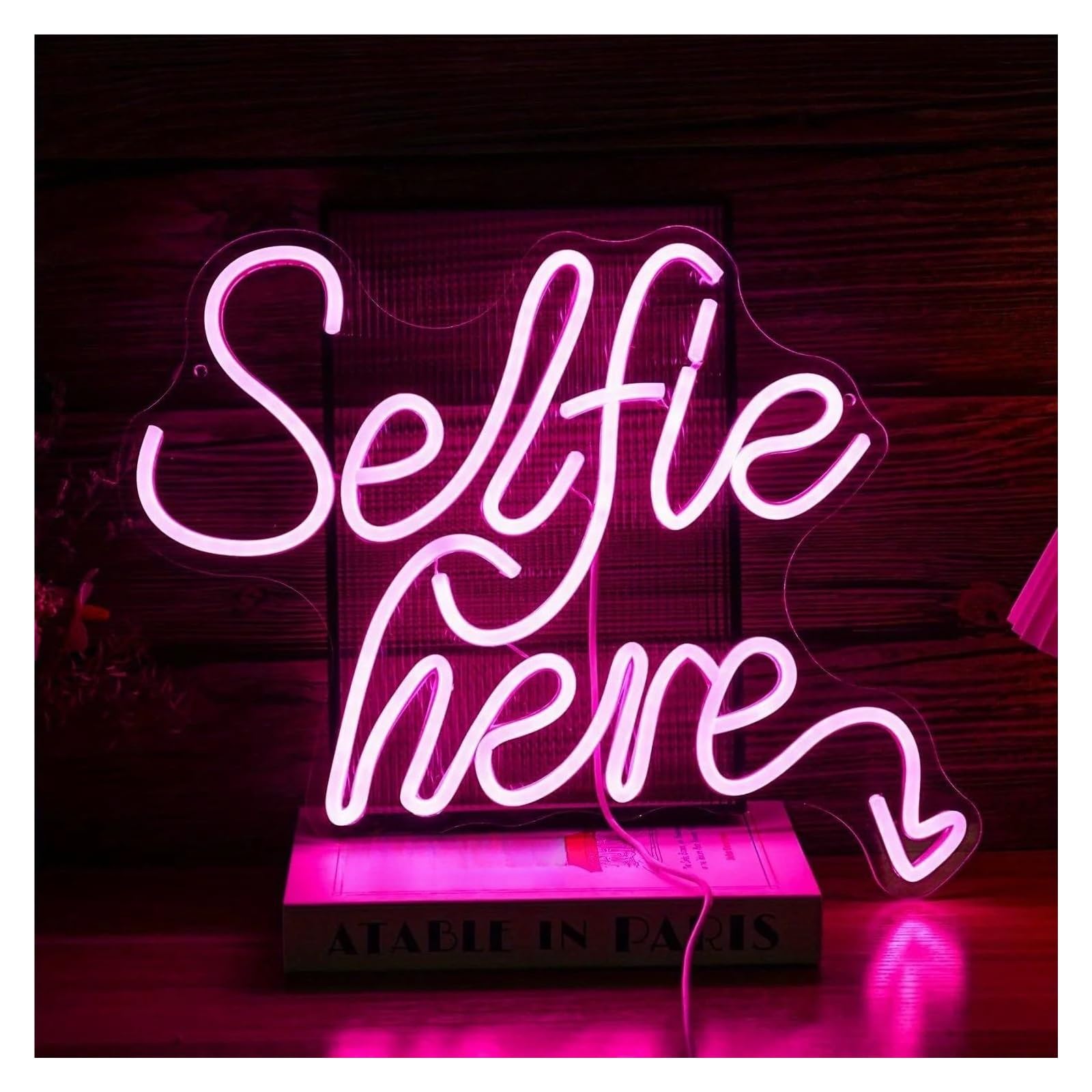 Lemst One Color Signs Lamp Selfie Here Neon Sign Pink Letter Neon Light Usb-Powere Suitable For Selfie Station Photo Studio Valentine's Day 30X40cm